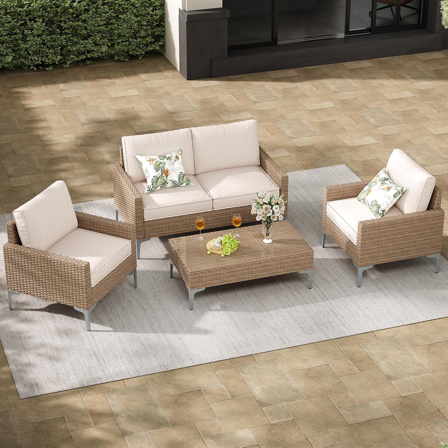 Jing's Villa 4-Piece Outdoor Sectional Sofa Set, All-Weather Wicker Patio Furniture with L/R armrest & Tempered Glass Table, Comfortable Garden Conversation Set for Backyard, Poolside, Deck,Beige