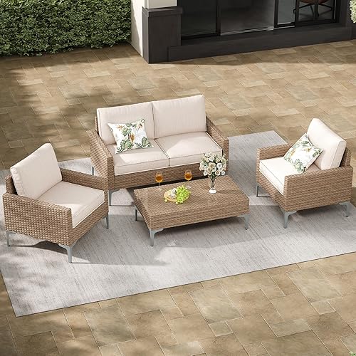 Jing's Villa 4-Piece Outdoor Sectional Sofa Set, All-Weather Wicker Patio Furniture with L/R armrest & Tempered Glass Table, Comfortable Garden Conversation Set for Backyard, Poolside, Deck,Beige