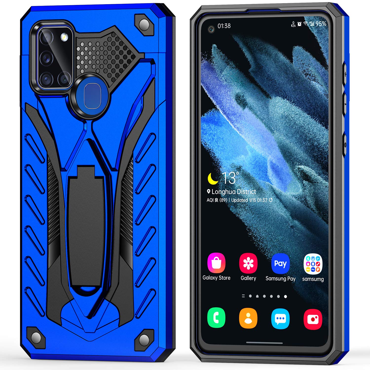 AFARER Mobile Phone Case Compatible with Samsung Galaxy A21S 6.5 Inches, Extreme Protection Armour Dual Layer Case with Folding Stand - Blue
