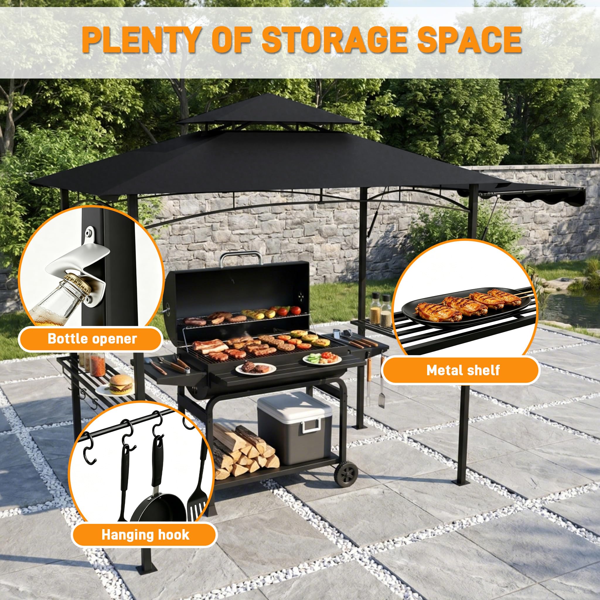 UISEBRT Pavillon da barbecue con tenda laterale estraibile, riparo per barbecue con 2 ripiani, ganci e apribottiglie, doppio tetto resistente agli agenti atmosferici per ventilazione e scarico del