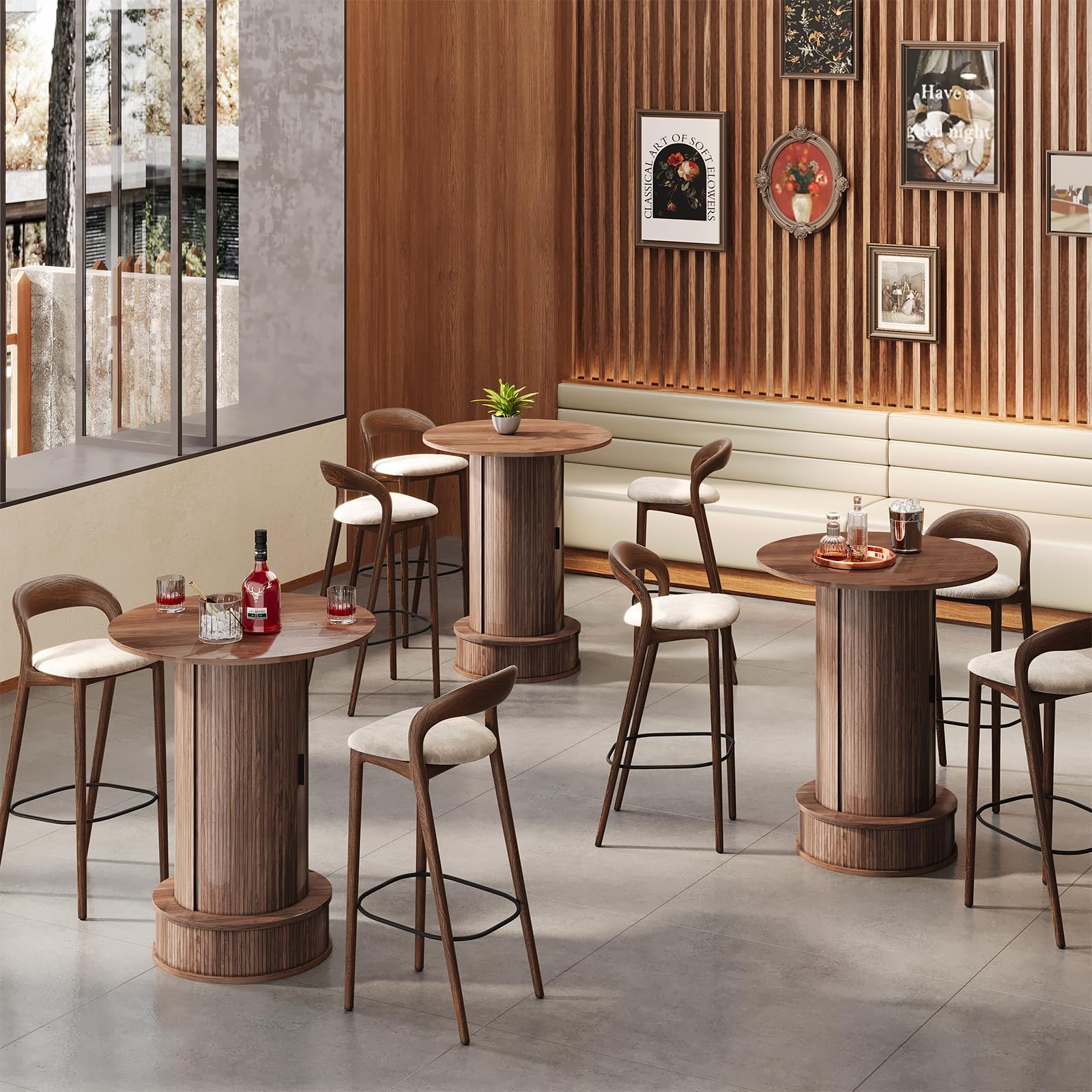 Runder Bartisch mit zweistufigem, verstecktem Stauraum und Weinglasablage, 97 cm hoch, rustikaler Cocktailtisch/Stehtisch mit Fußstütze und Schiebetür für Bars, Esszimmer, Wohnzimmer