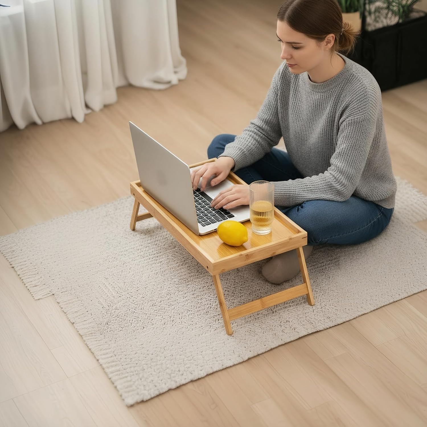 Bed Table Tray with Folding Legs, 2 Pack Bamboo Breakfast in Bed Trays for Eating and Laptops Food Serving Tray with Handles Small Foldable Table Lap Desks for Adults Snack TV Dinner Trays on Couch