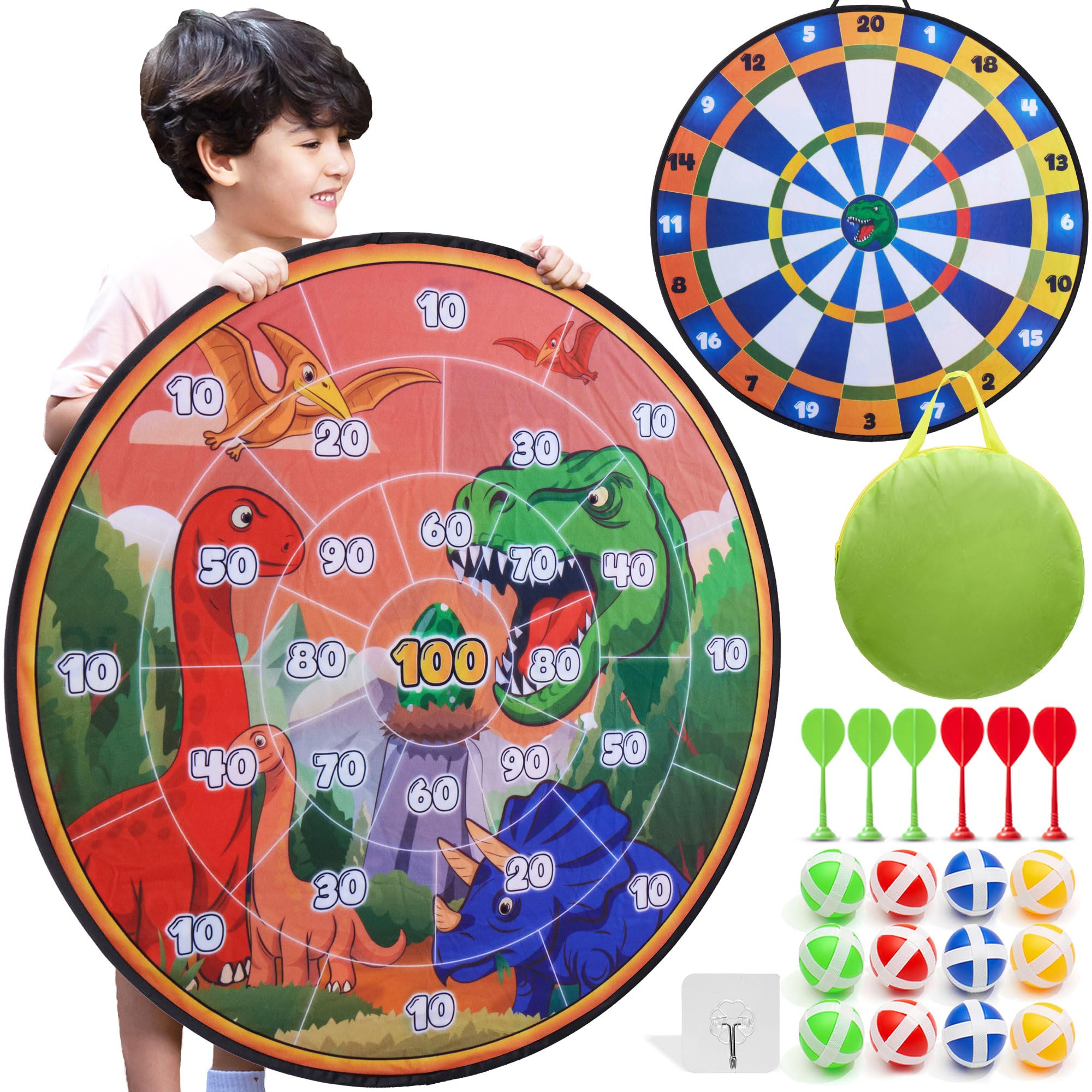 Cheerful Children Toys Jumbo Kids Dart Board Set XL or XXL, Large Velcro Dart Board with Reversible Designs, 16 Sticky Balls & 6 Darts - Indoor & Outdoor Garden Games for Ages 3-8 (Dinosaur-1, 100cm)