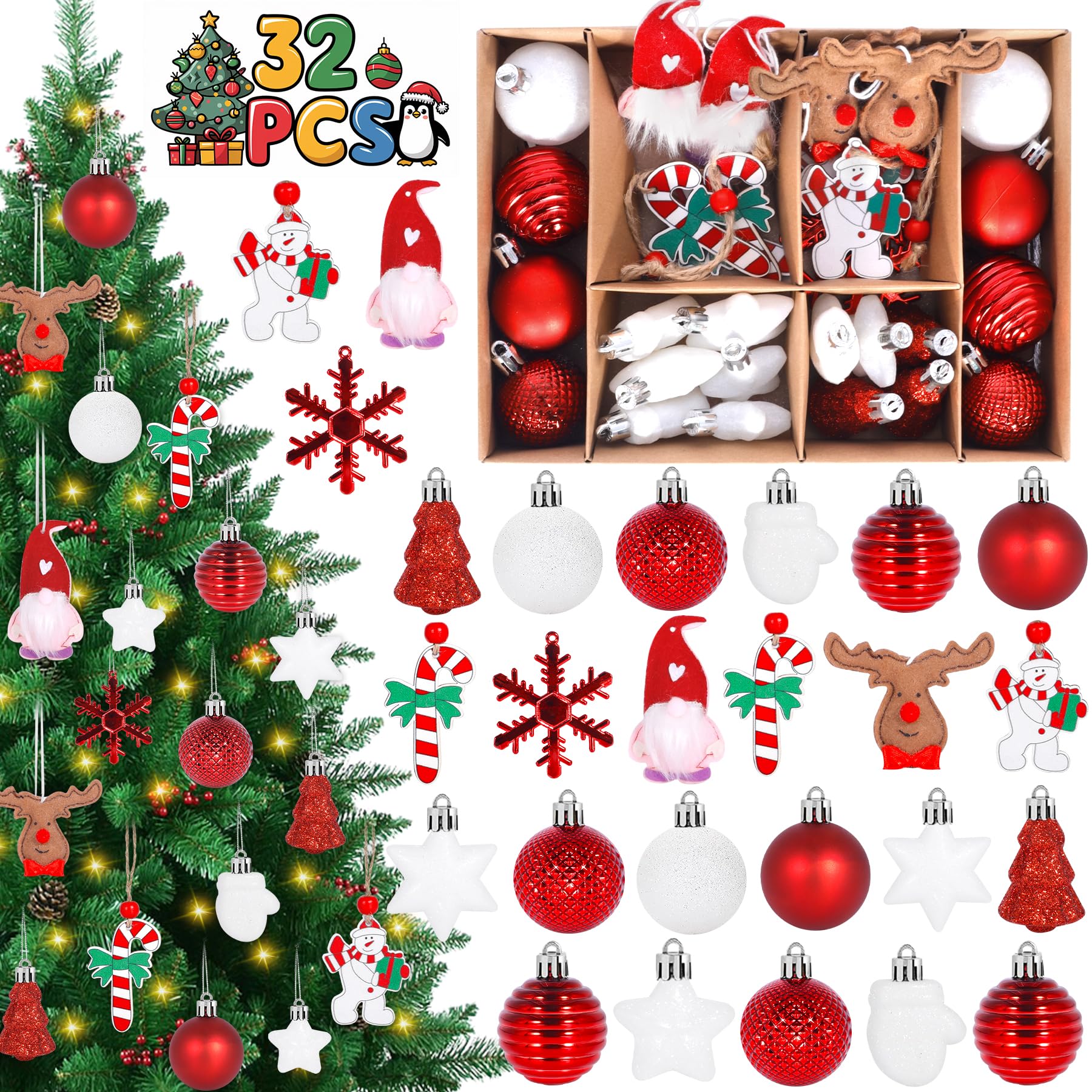 Vautvis Juego De Bolas De Navidad, 32 Piezas Bolas Arbol De Navidad, Gnomo Navidad, Adornos Arbol Navidad, Bolas De Plástico Blancas Y Rojas para DecoracióN Arbol Navidad Casa