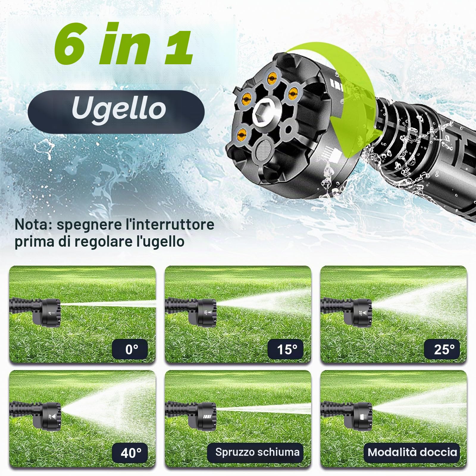 Idropulitrice a batteria, ad alta pressione, 4 marce, 120 bar, portatile 2 x 4,0 Ah, ugello girevole 6 in 1 e 180°, spruzzatore schiuma, tubo 5 m, irrigazione