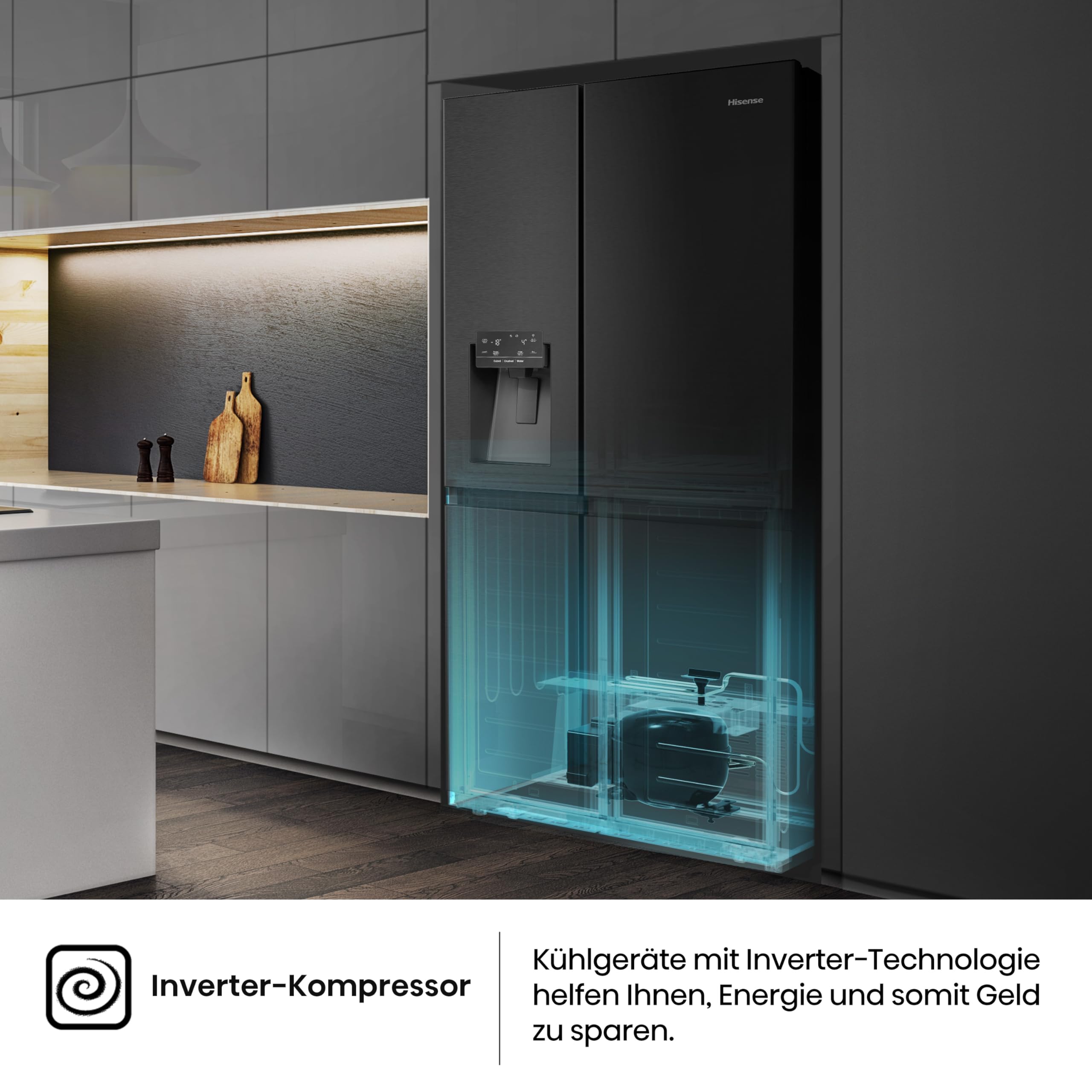 Hisense RS818N4TFC Side by Side – Kühl-Gefrierkombination, EEK C, Eis-Wasserspender, LED Display, Total No Frost, Multi Air Flow, Fast Freeze, schwarz