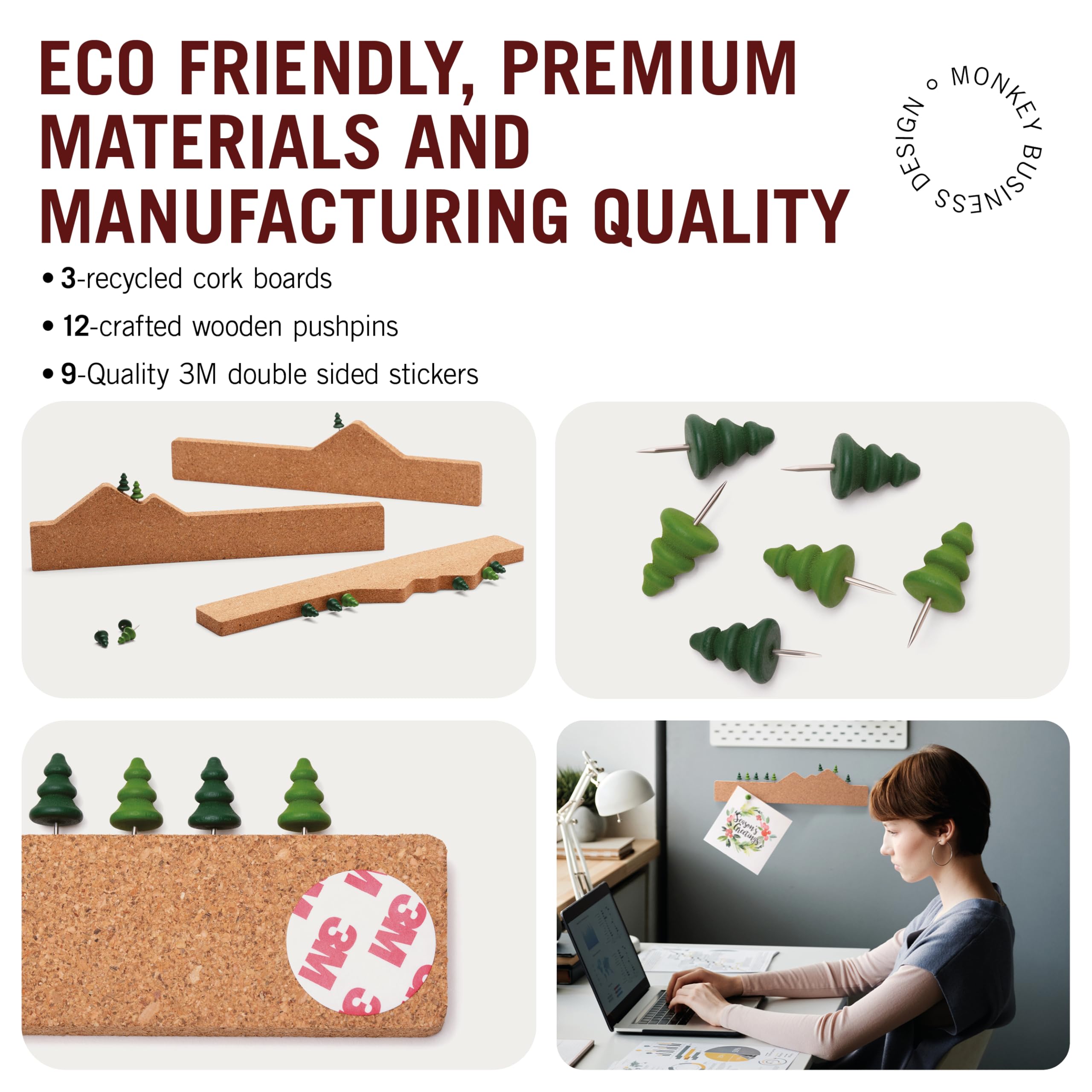 Monkey Business Memo Mountain 3 Cork Board Strips, Corkboard Pin Boards with Mountain Scene Pushpins, Office Accessories - Image 4
