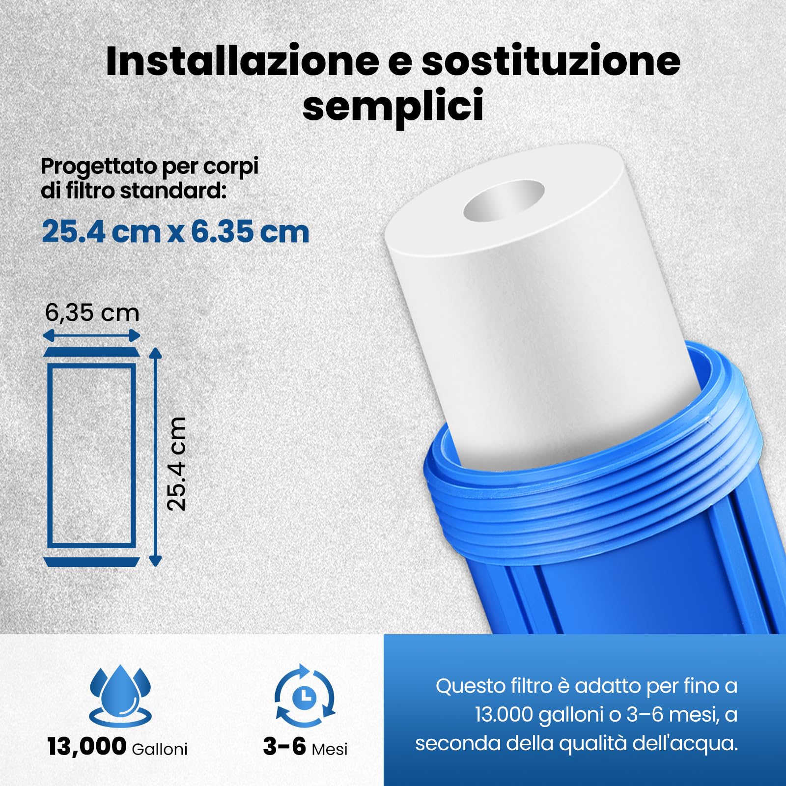 PUREPLUS Cartuccia filtro dell'acqua per sedimenti domestici da 5 micron, 25,4 x 6,3 cm, ricambio per qualsiasi unità RO da 25,4 cm, Culligan P5, Aqua-Pure AR110, Dupont WFPFC5002, CFS10, WHKF-G05