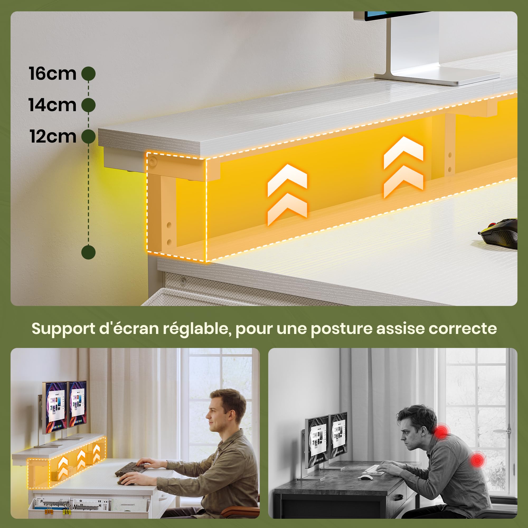 100x49.5 cm Bureau avec LED pour Étudiant, Homeoffice, Gaming