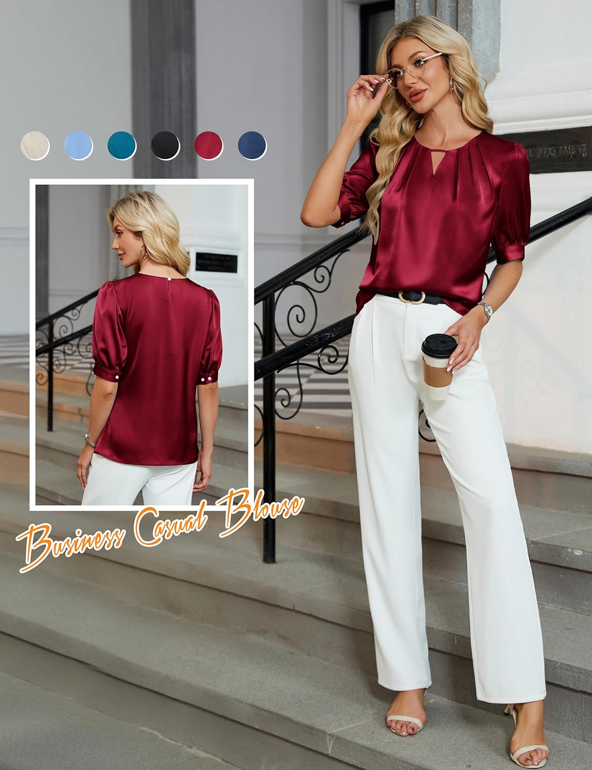 Blooming Jelly Women's Dressy Business Casual Blouses Silk Puff Sleeve Tops Summer Outfits V Neck Pleated Work Shirts 2025 - Image 5