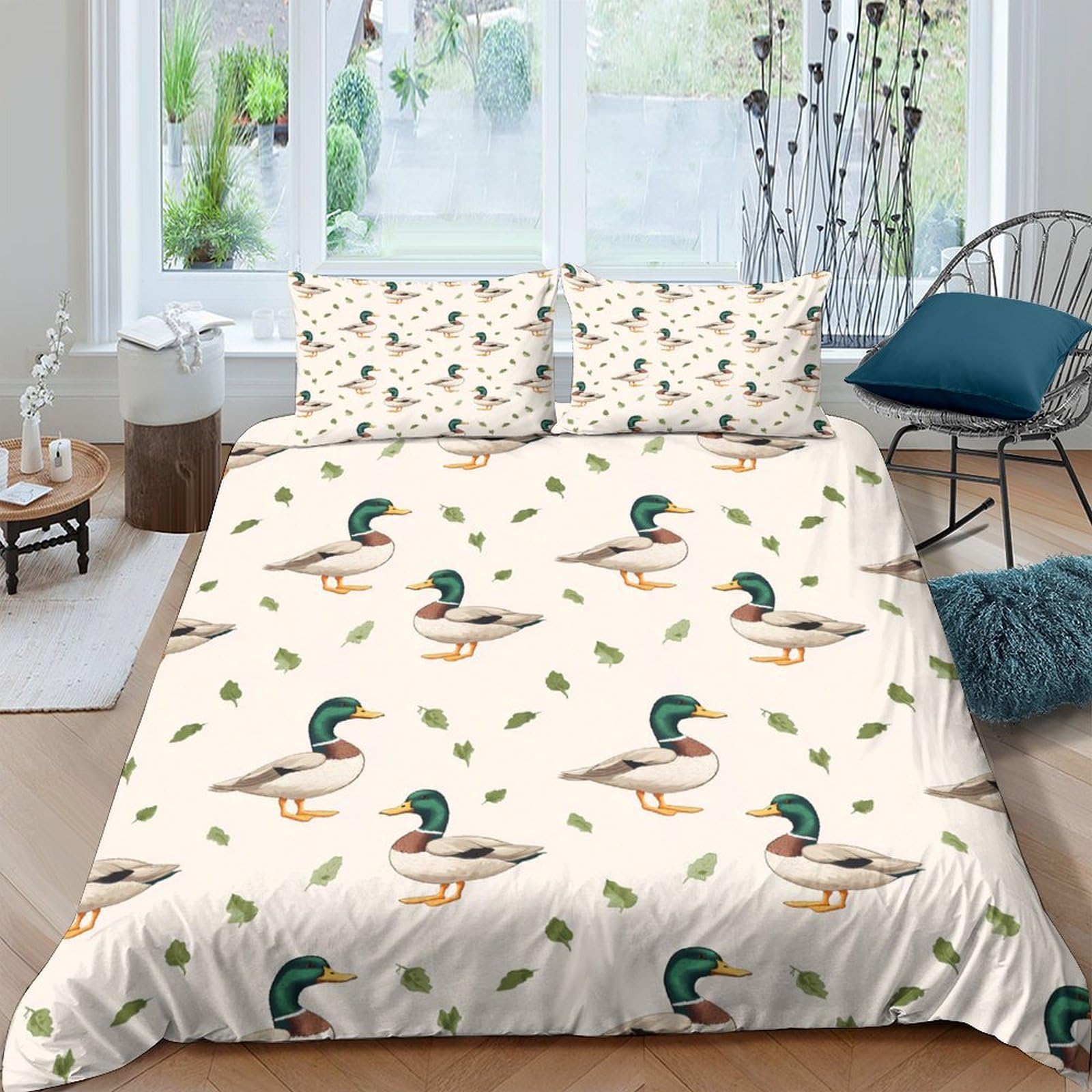 Ctjqhvkz Style-3 3D Printed Mallard Duck Fitted Sheet Microfiber Soft Beige Leaf Pattern Mattress Cover For Bedroom Guest Room Decor Single（135X200cm）