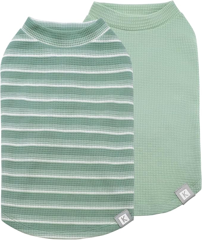 KYEESE 2Pack Waffle Dog Shirts, Lightweight Sleeveless Dog T Shirts for Small Dogs Boy Girl, Breathable Pet Vest Comfortable Tank Top Soft Dogs Clothes for Daily Wear, Green+Striped, M
