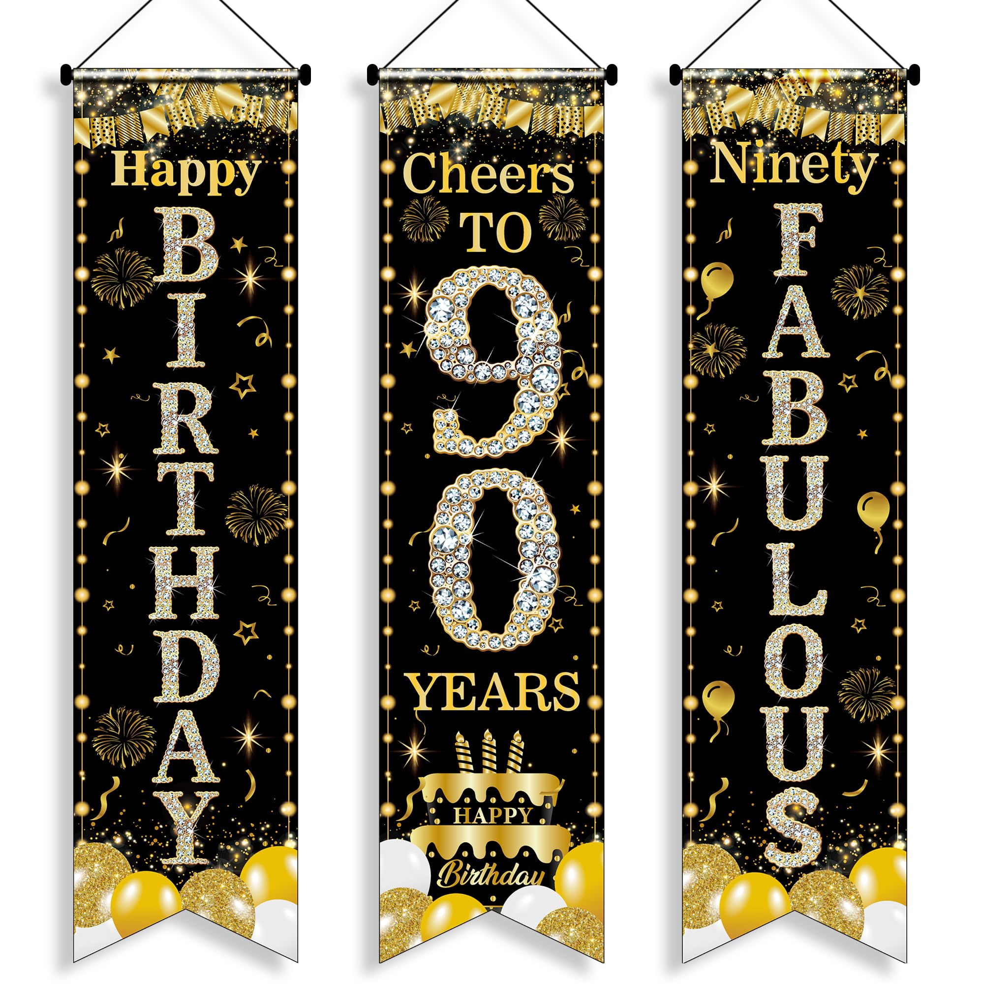 90th Birthday Decorations Door Banner - 3 Pcs Black and Gold Ninety Fabulous Happy 90th Birthday Cheers to 90 Years 3.9x0.9ft Door Porch Sign for 90 Years Old Men Women Party Backdrop Decor Supplies — image 1
