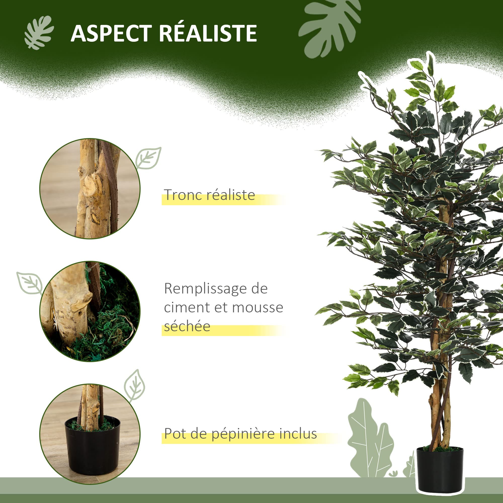 HOMCOM Plante Artificielle Ficus Hauteur 1,3 m Grand Réalisme Pot Inclus