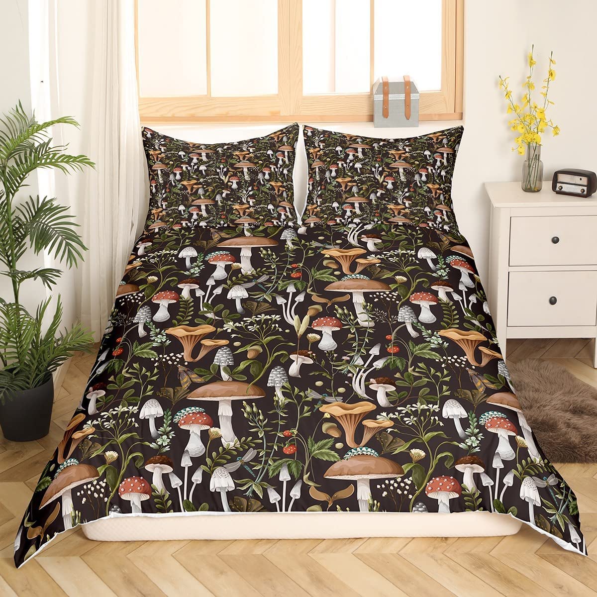 Wild Mushroom Double Size Duvet Cover Cute Strawberry Flowers Bedding Set 3pcs for Kids Teens Adult Rustic Style Jungle Mushrooms Comforter Cover Soft Quilt Cover Bedroom Decor Bedspread - Image 3