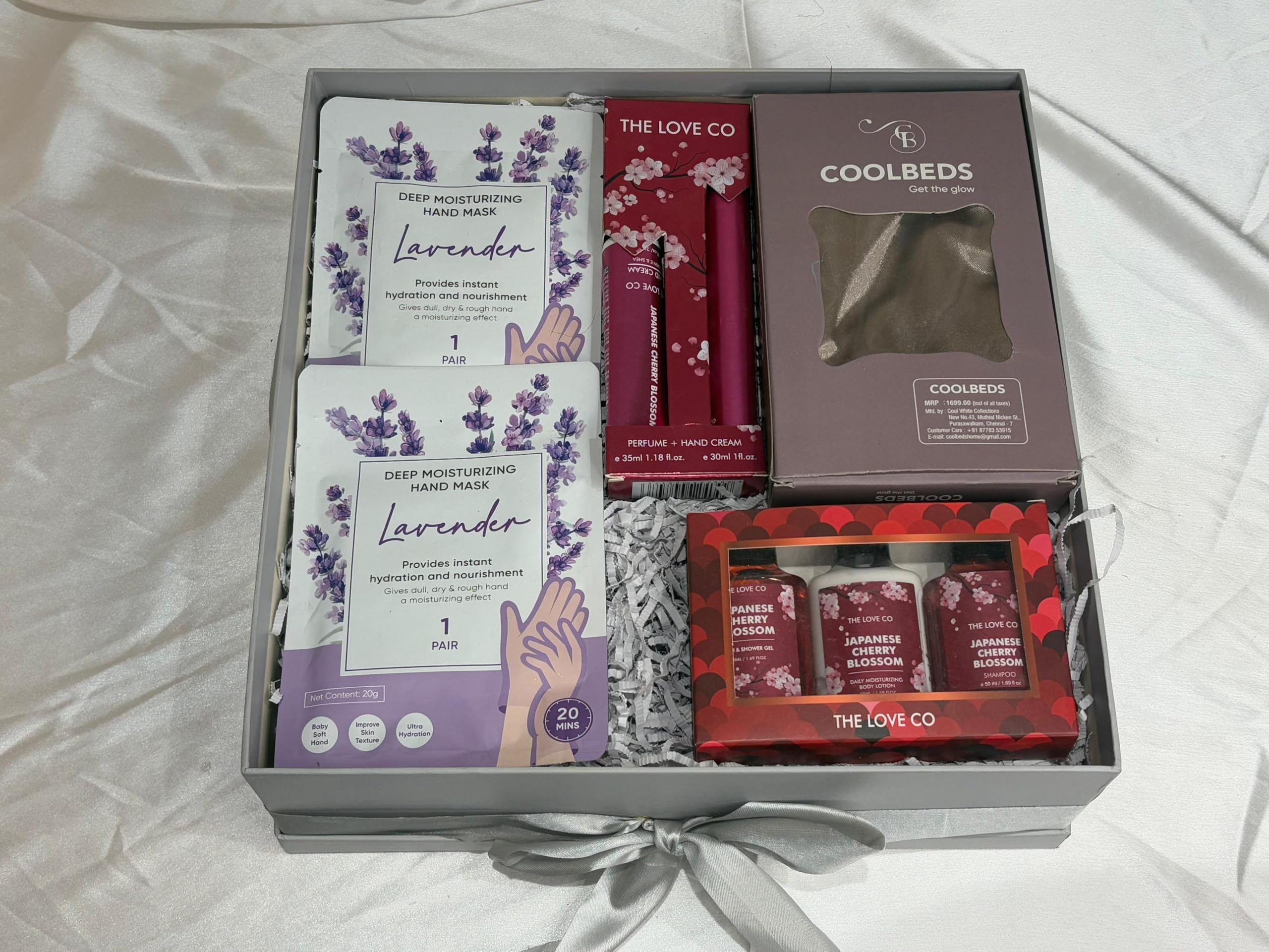 Luxury Self-Care Gift Hamper for Women – Includes Lavender Hand Masks, The Love Co Cherry Blossom Body Care Kit, Hand Cream & Coolbeds Satin Eye Mask – Spa Pamper Kit for Birthday, Anniversary & Gifting-image-23