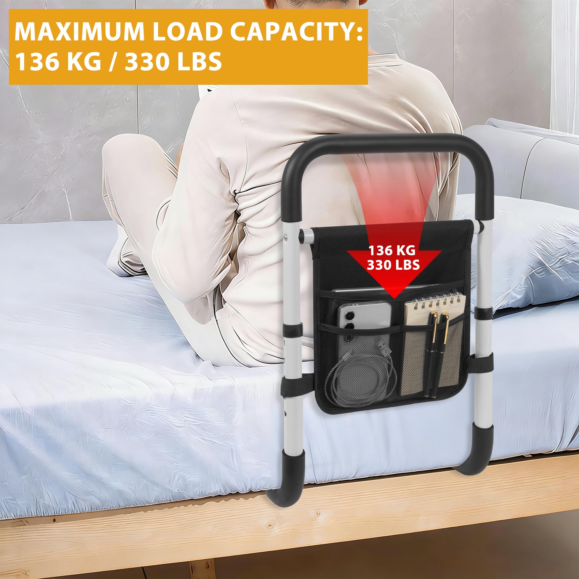 AKOZLIN Binari per letto per anziani e adulti, con borsa portaoggetti, cinghia di fissaggio per prevenzione delle cadute, maniglia di sicurezza regolabile con cinghia di fissaggio, supporto fino a 150