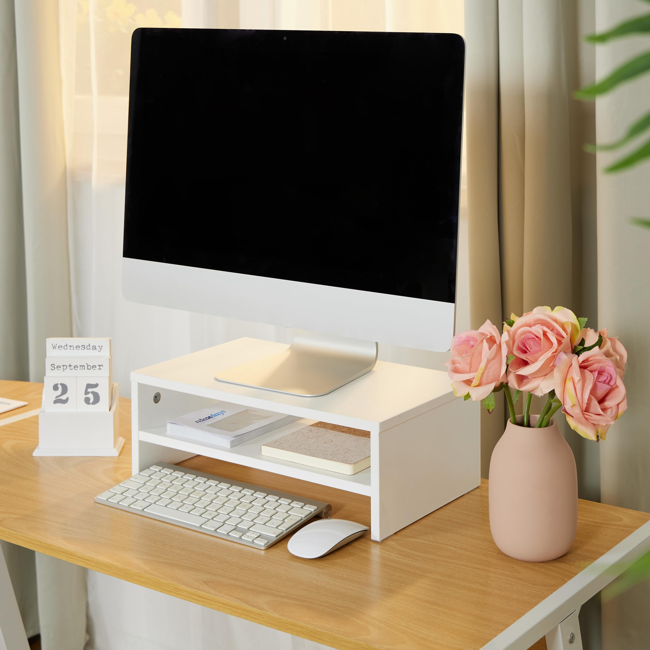 Relaxdays Supporto per Monitor, Rialzo Stand PC con Ripiano Portaoggett, 14x40x23,5 cm, Alzaschermo da Scrivania, Bianco