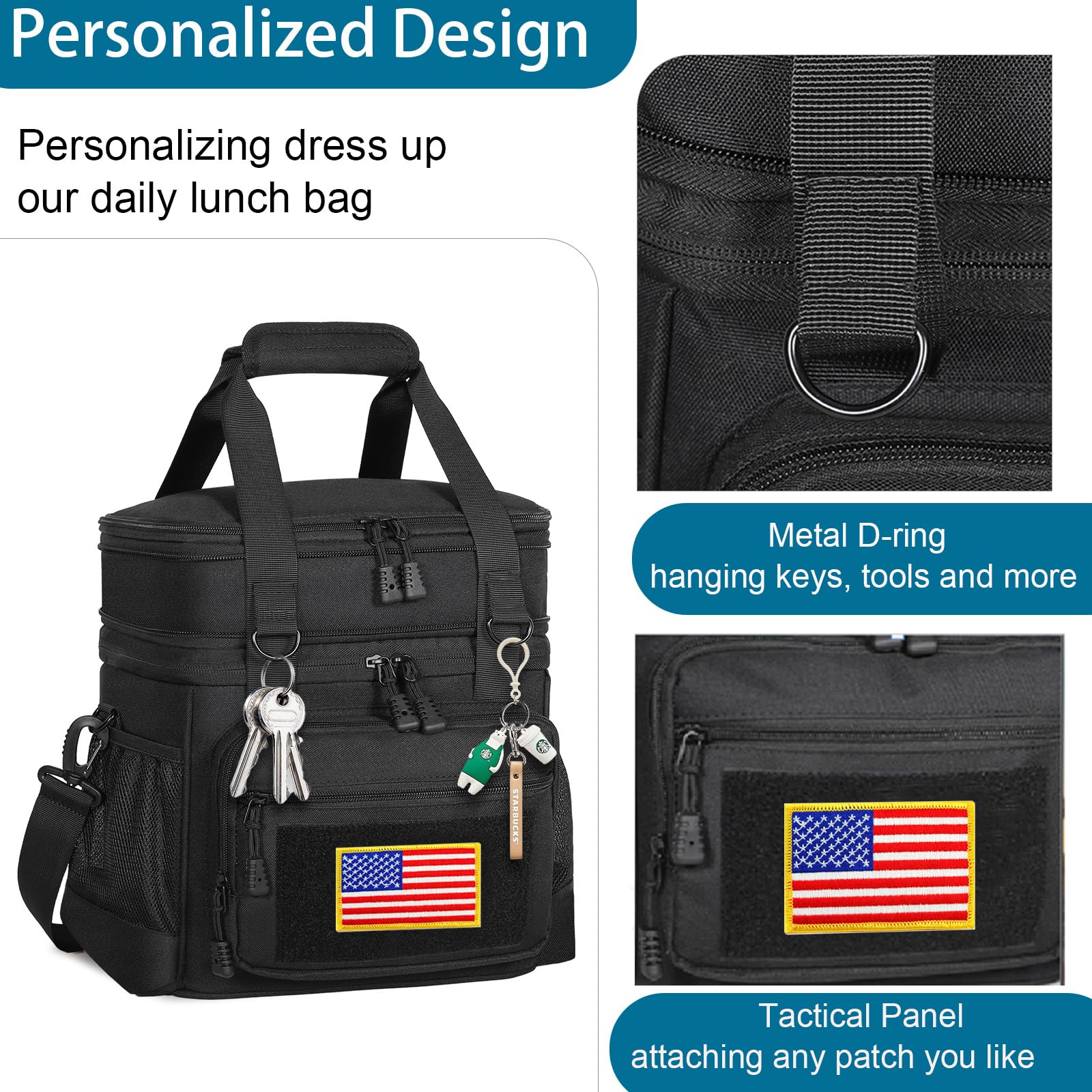 Lonchera aislada de doble cubierta, bolsa de almuerzo grande expandible a prueba de fugas, bolsa de almuerzo para hombres, mujeres y adultos, turnos de trabajo, viajes, viaje de día, color negro 4