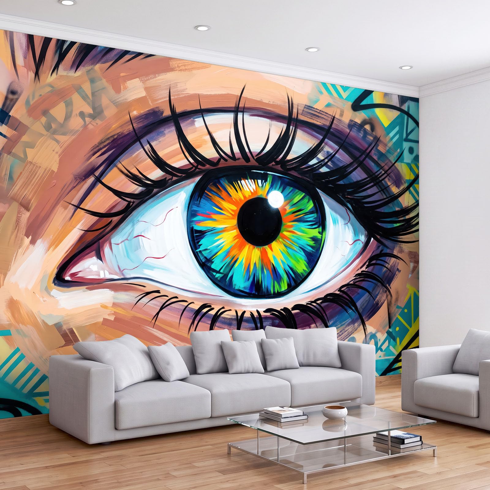 Fototapeta z włókniny, 350 x 256 cm, abstrakcyjne oczy, fototapeta i tapeta, tapeta z włókniny, sztuka ścienna i obraz ścienny, beżowa tapeta dekoracyjna do salonu, sypialni i pokoju dziecięcego