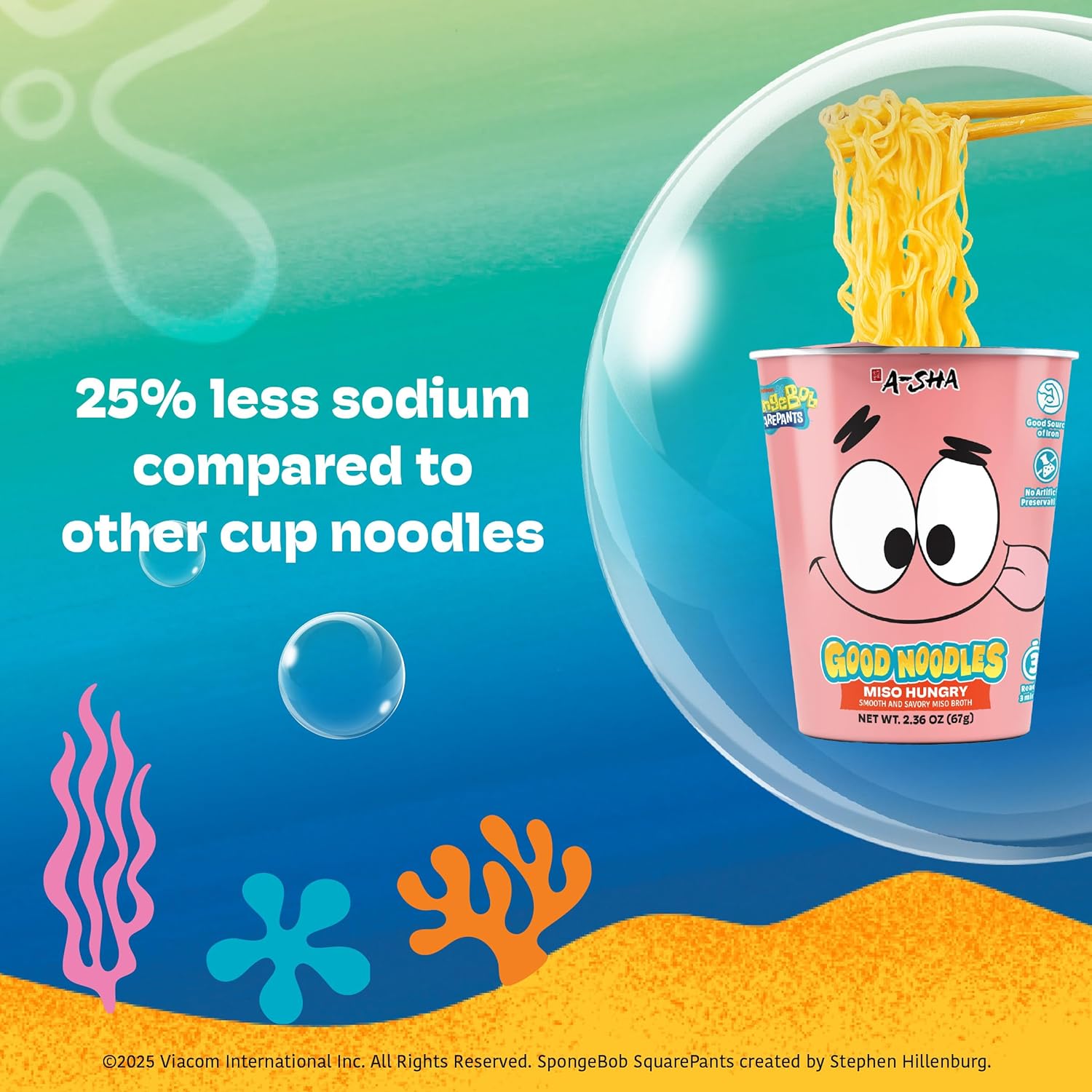 A-Sha & SpongeBob Squarepants Good Noodles (6 Pack) | Patrick Star Miso Hungry Flavor | Better For You Microwaveable Ramen Soup Mix