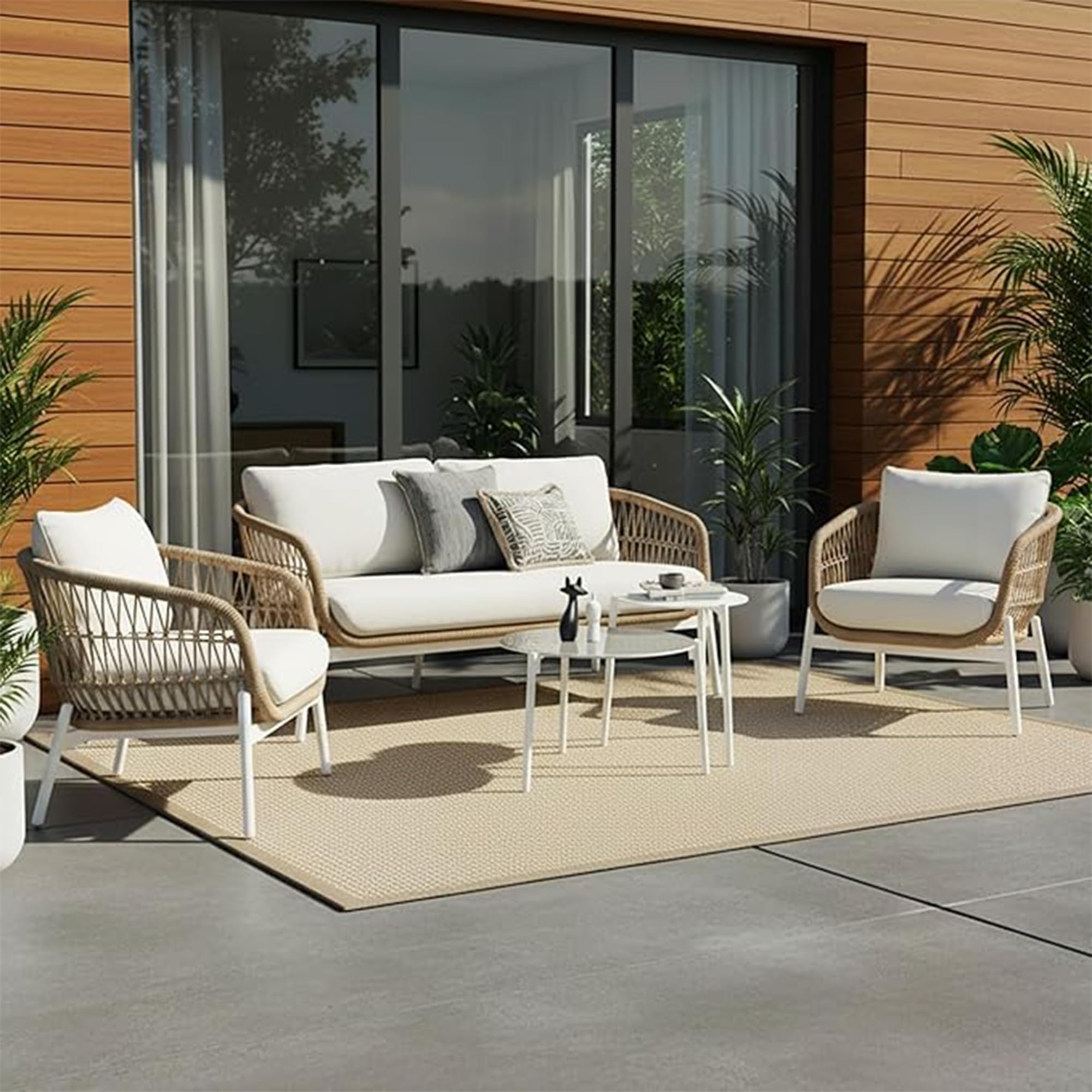 Amazon Brand - Solimo Outdoor 4 Seater Sofa Set | Balcony Sofa | Patio Furniture Sets | Conversation Sets | Braid & Rope Garden 4 Seater Sofa Set with Center Table (Beige)