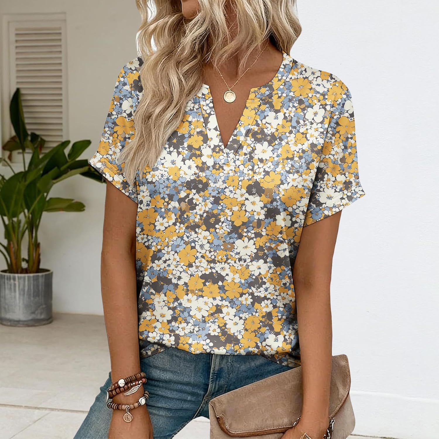Womens Summer Tops Short Sleeve V Neck Shirts Loose Fit Dressy Casual Blouses 2026 - Image 2
