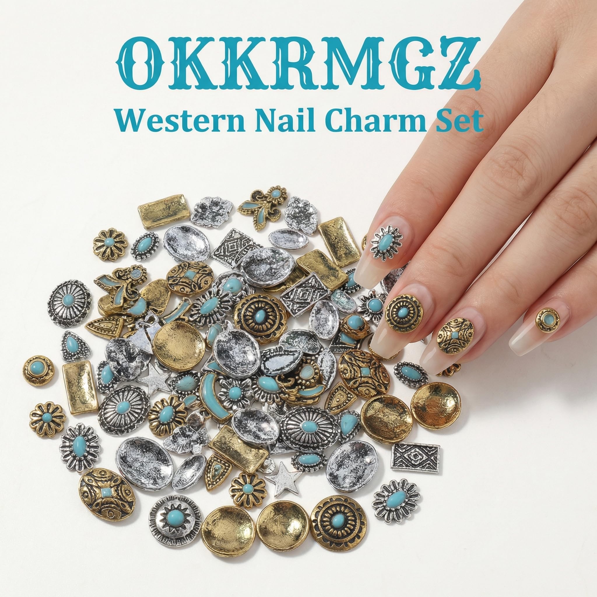 50 szt. westernowe zawieszki do paznokci turkusowa bransoletka metalowa biżuteria zawieszka do paznokci małe luzem kolorowe rockowe retro bohemia stop totem 3D marmurowe klejnoty manicure