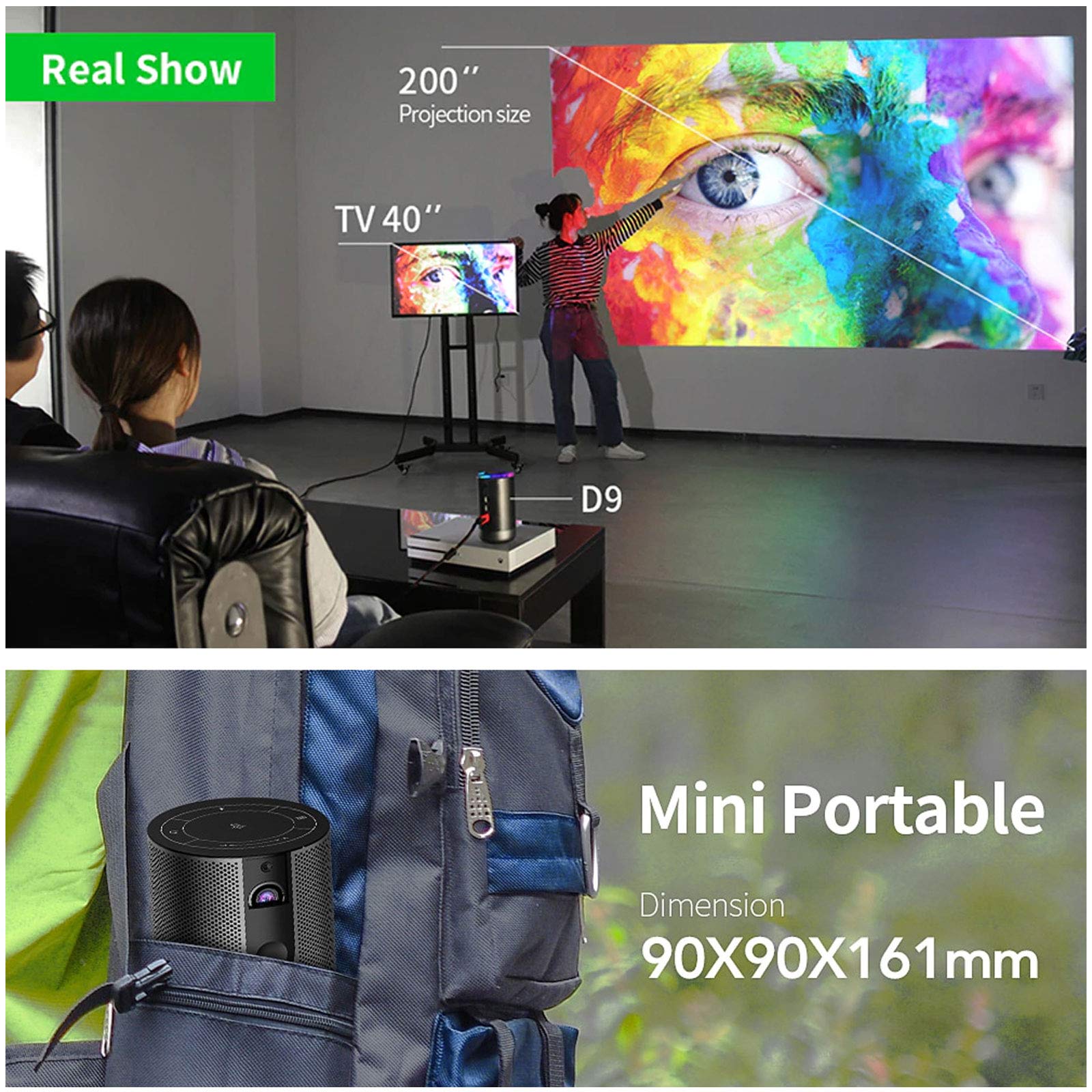 Mini Proiettore Portatile DLP, LED Videoproiettore Tascabile con Batteria, Luminosità Regolabile e Correzione Trapezoidale, Batteria Ricaricabile, Ampia Compatibilità
