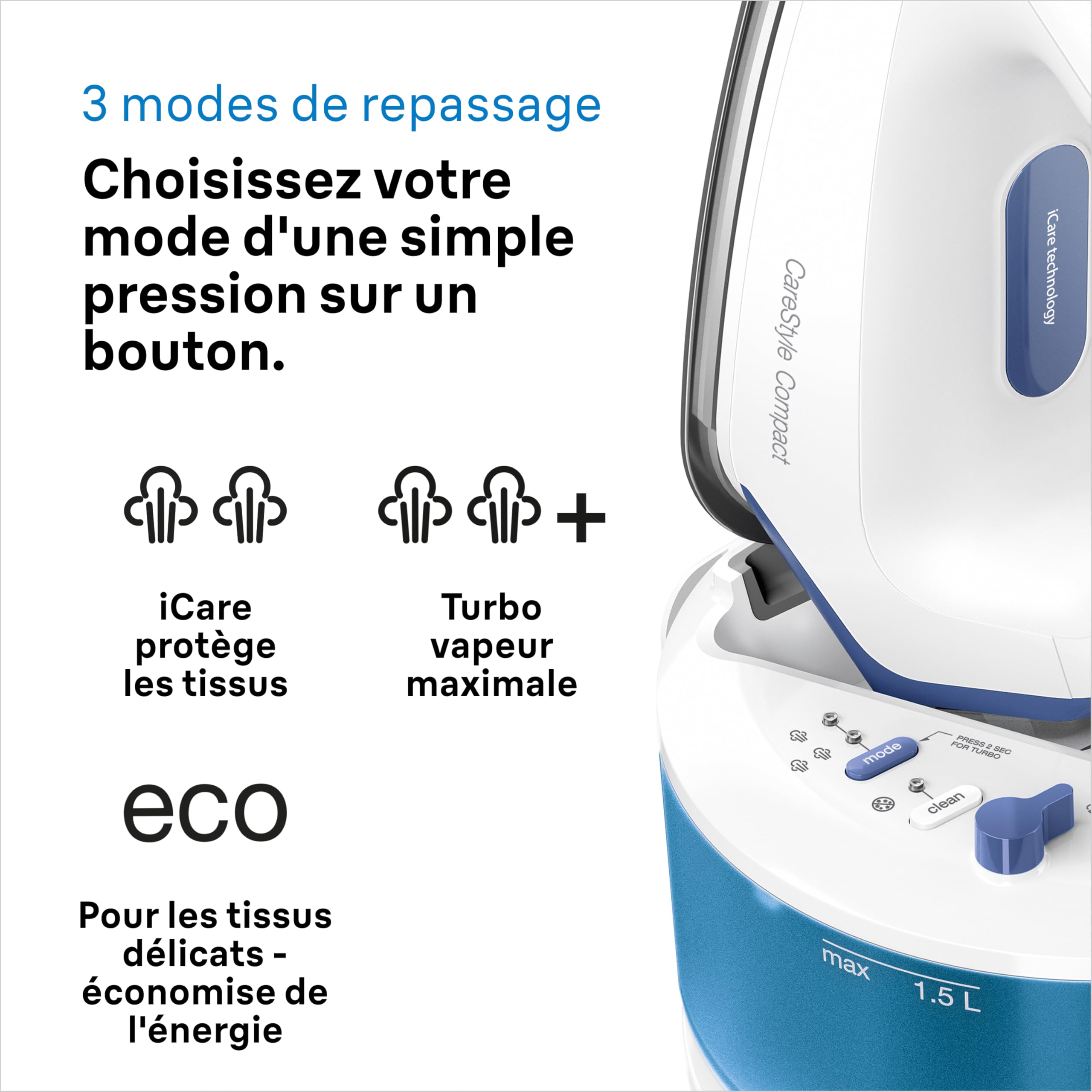 Braun CareStyle Compact - Centrale Vapeur Compacte avec Chaudière, Fer à Repasser Vapeur Puissant, Semelle EloxalPlus FreeGlide 3D, Débit Vapeur Jusqu’à 420g/min, Réservoir 1,5L, Blanc/Bleu (IS2143BL)