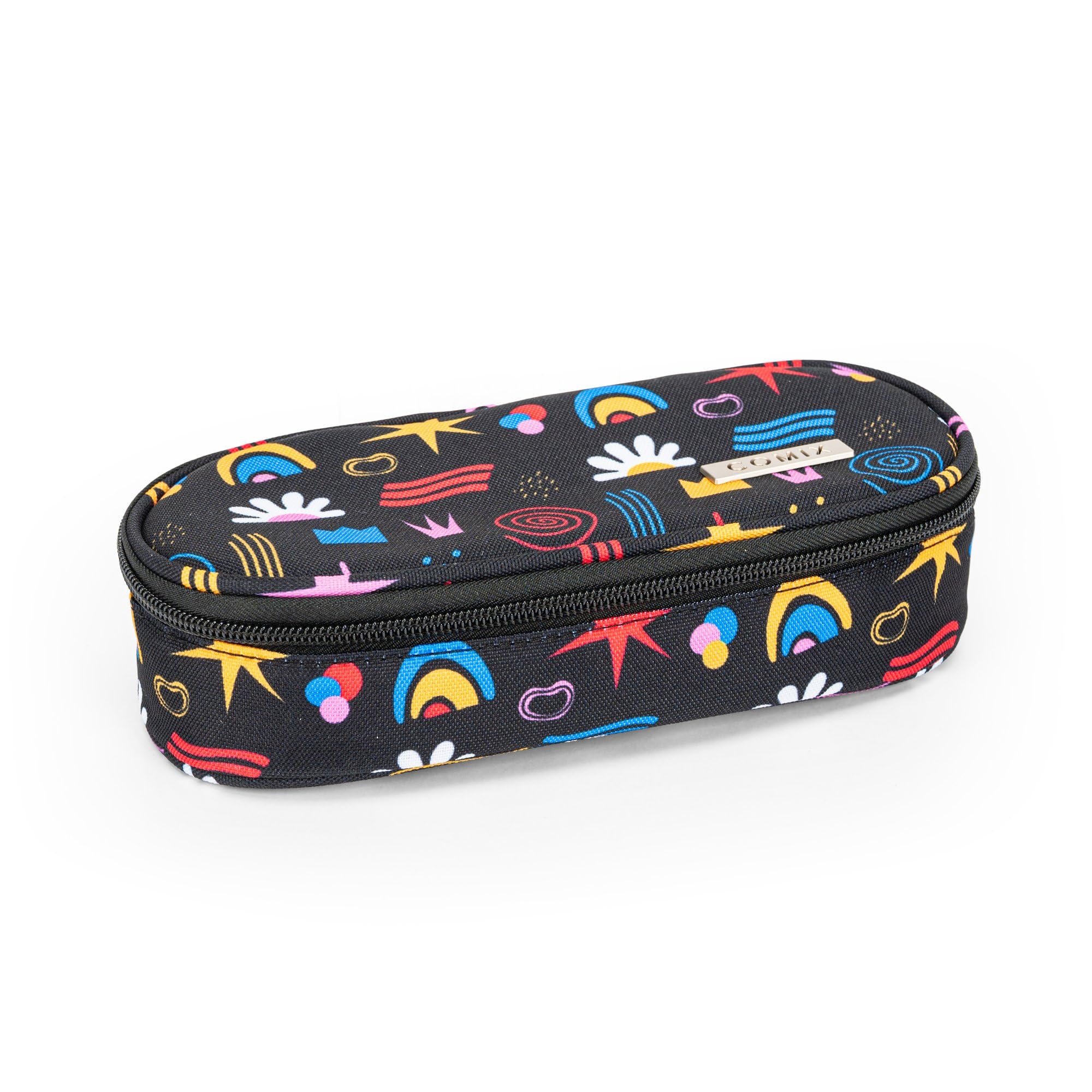 Comix - Oval School Pencil Case for Children and Teenagers, Ideal for Storing Stationery, with Internal Divider with Elastic Loops and Practical Zip Closure, 22 x 5H x 7 cm, Black, Casual