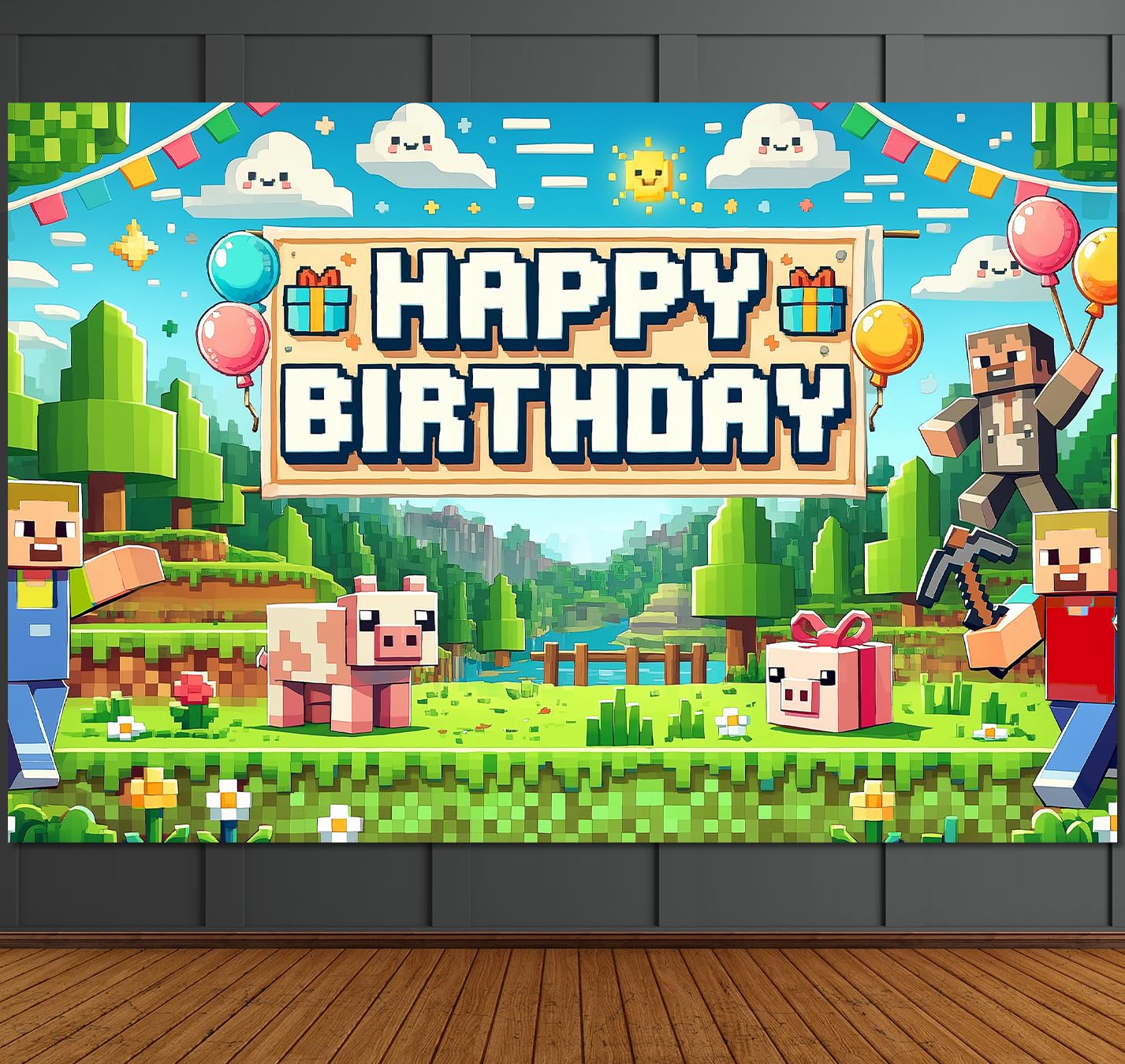 Pixel Backdrop Happy Birthday Banner Boy 6x4ft Miner Bday Sign Villager Gaming Birthday Party Decorations Videogame Themed Banner Video Game Decorations Video Game Backdrop for Boys