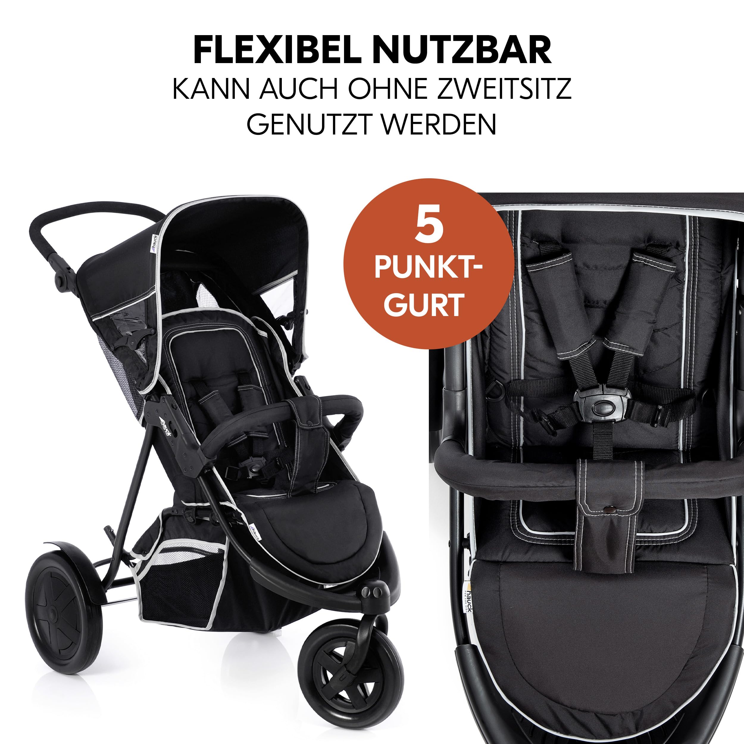 Hauck Freerider Black Dreirad Geschwisterbuggy Kinderwagen für 2 Kinder mit Regenschutz, oberer Sitz ab Geburt Liegeposition, abnehmbarer Zweitsitz ab 6 Monaten