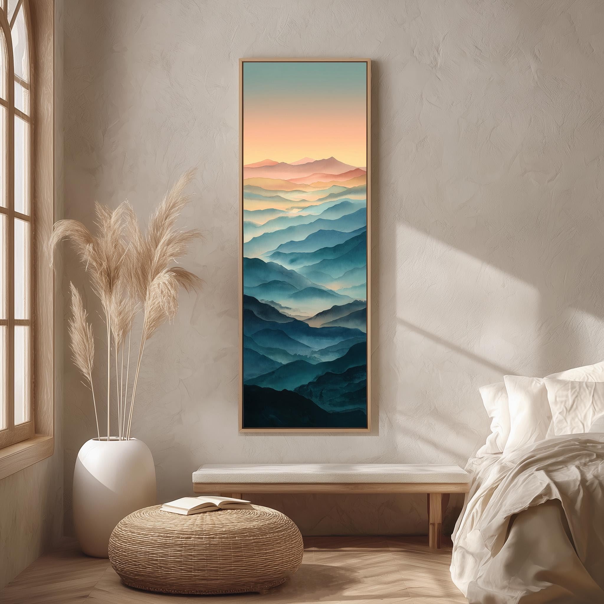 Xbtykpb Frameless Mountain Landscape Art, Vertical Watercolor Canvas, Tall Narrow Rolling Hills Print, Sunset Wall Decor, Nature Painting(45X135cm/Frameless)