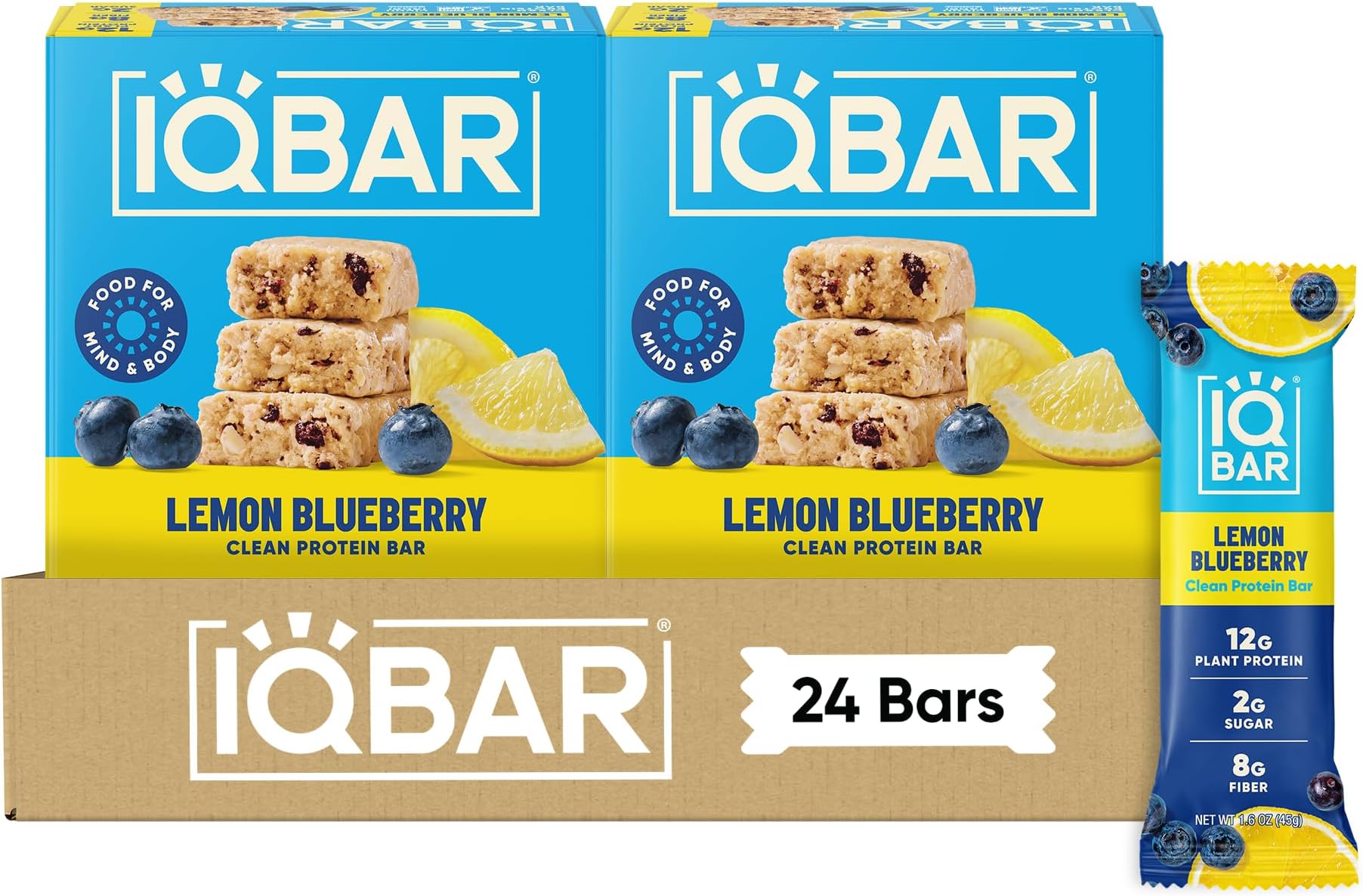IQBAR Clean High Protein Bars, Low Sugar Snack, Lemon Blueberry 24ct