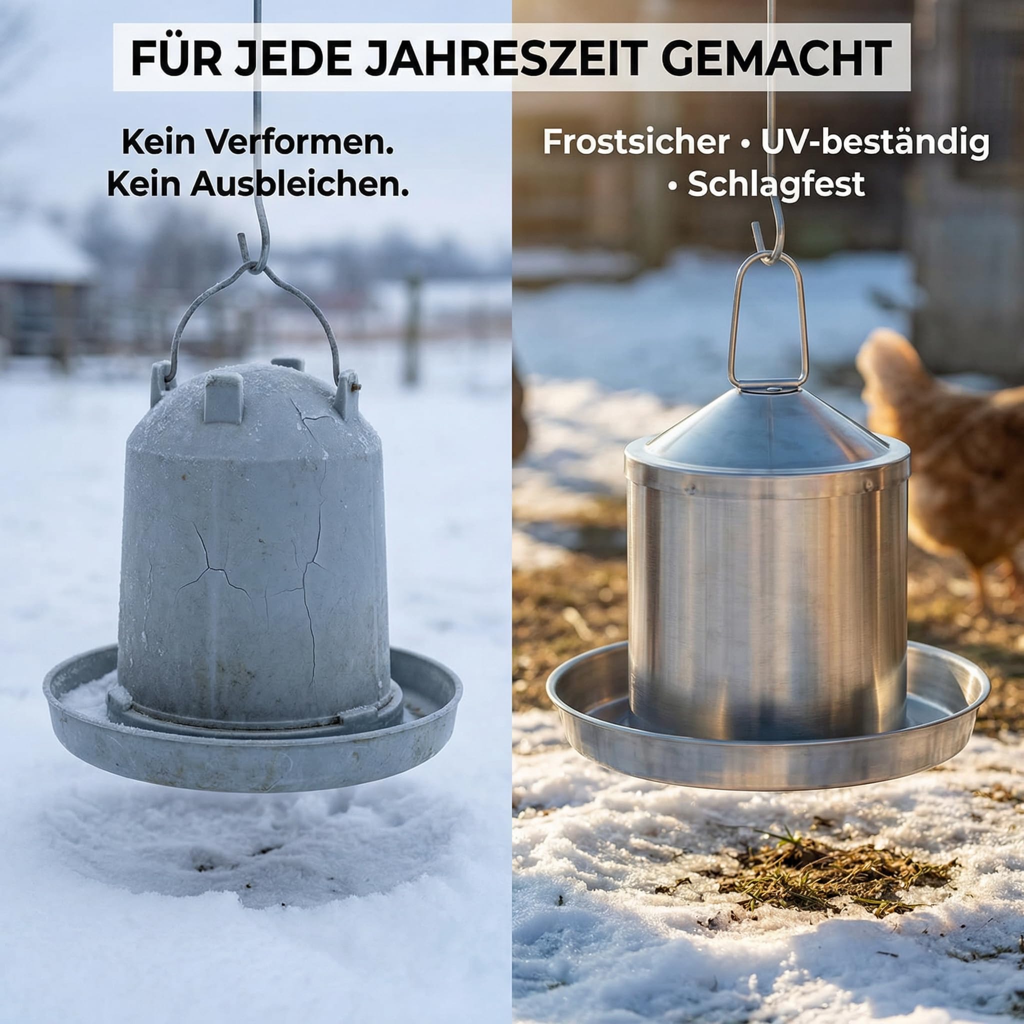 Bebedero para pollos de acero inoxidable, 2 l, bebedero para aves de corral para gallinas | Para codornices y patos, colgantes o de pie, resistente a los rayos UV, a las heladas, fácil de limpiar, fabricado en la UE