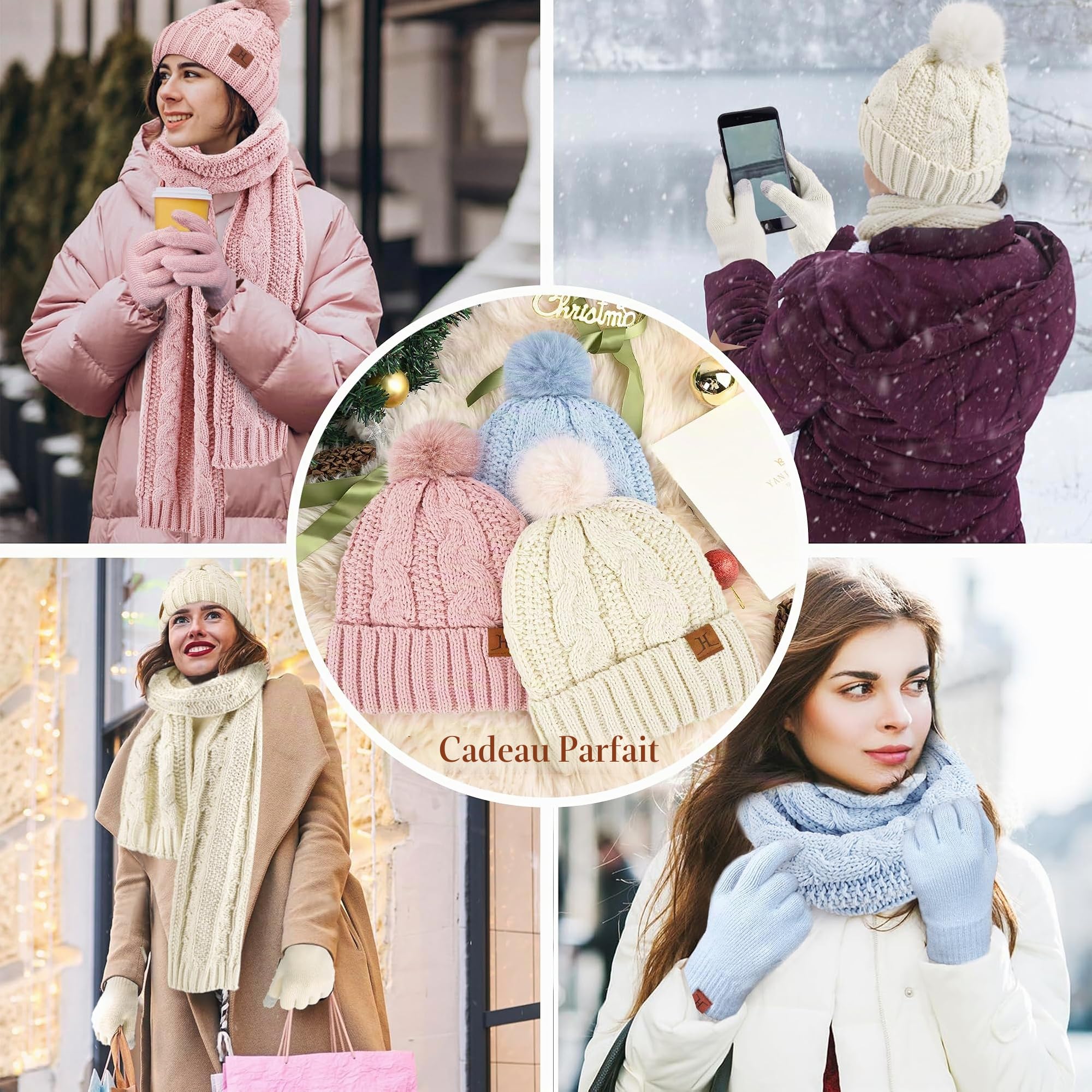 ZASFOU Femme Hiver Bonnet Chapeau Foulard Écran Tactile Gants Ensemble Chenille Pompon Tricot Polaire Doublé Casquette Écharpe Gant Cadeaux pour Femmes