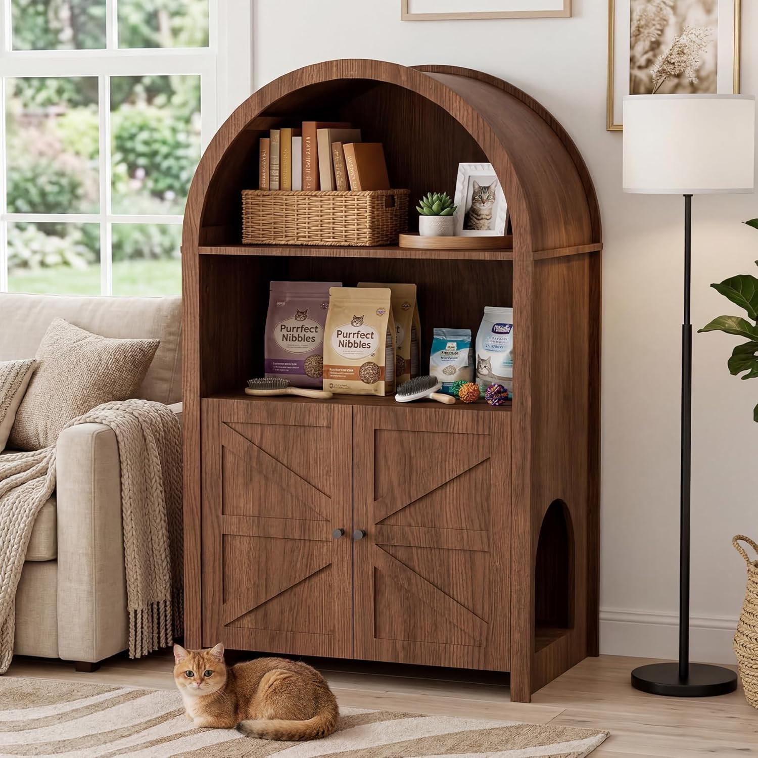 Cat Litter Box Enclosure, Hidden Cat Litter Box Furniture with Side Entry, Open Shelf, Arched Top, Farmhouse Indoor Cat House for Living Room, Walnut