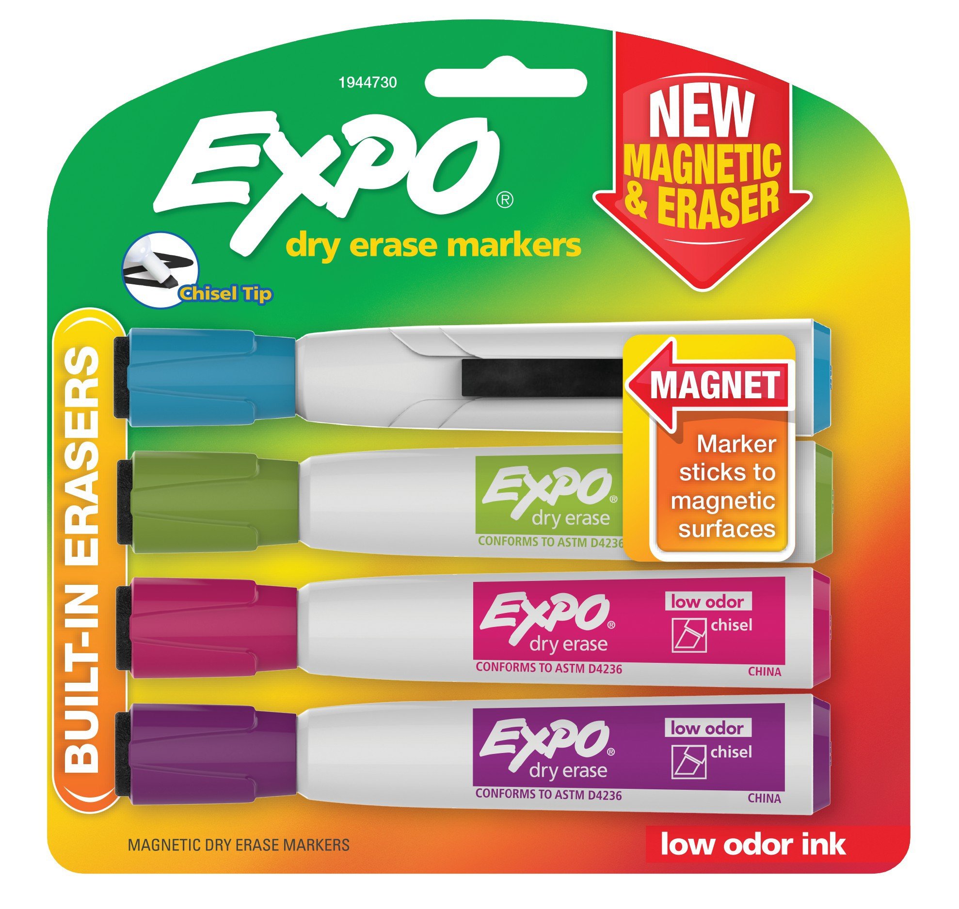 EXPO Magnetic Dry Erase Markers with Eraser Chisel Tip Assorted Colors 4-Count