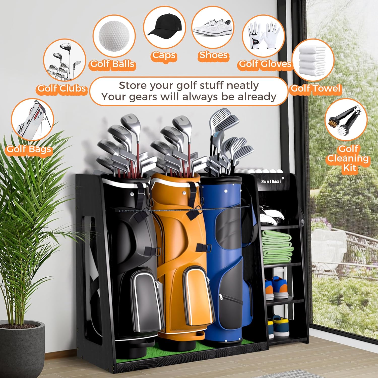 SuniBoxi Wooden Golf Storage Organizer for Garage, Premium Golf Bag Holder Rack for Golfing Accessories, Great Gift for Golfers,Husband, Dad