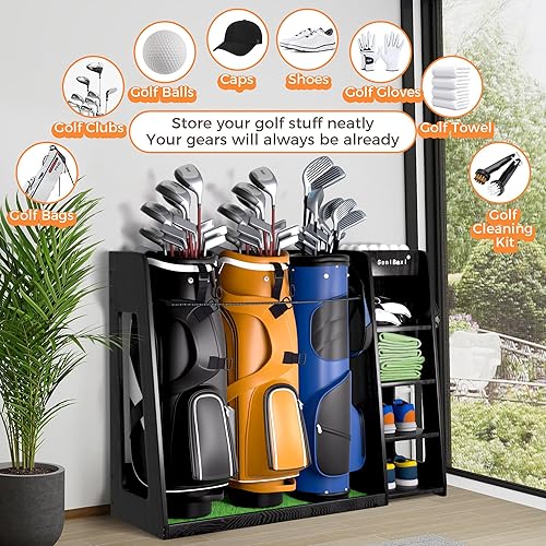 Miniatura 9 de SuniBoxi Organizador de bolsas de golf, estante de almacenamiento de golf de madera premium, elegante estante de almacenamiento de bolsas de golf