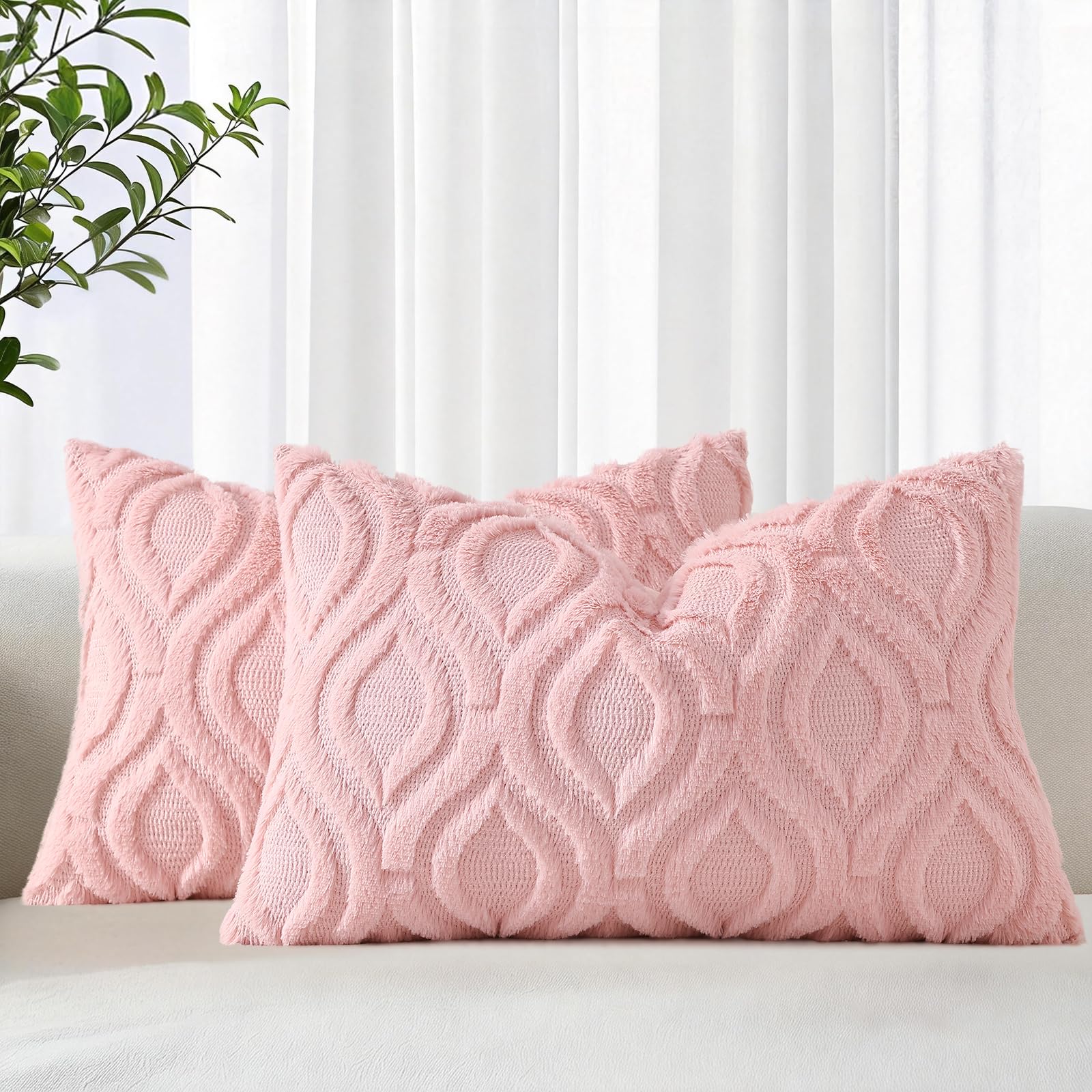 decorUhome Faux Fur Plush Soft Pink Throw Pillow Covers 12x20 Set of 2