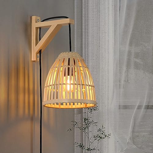 Moderna lámpara de pared de bambú con enchufe, pantalla de ratán para colgar en la pared con interruptor, apliques de pared colgantes de mimbre de
