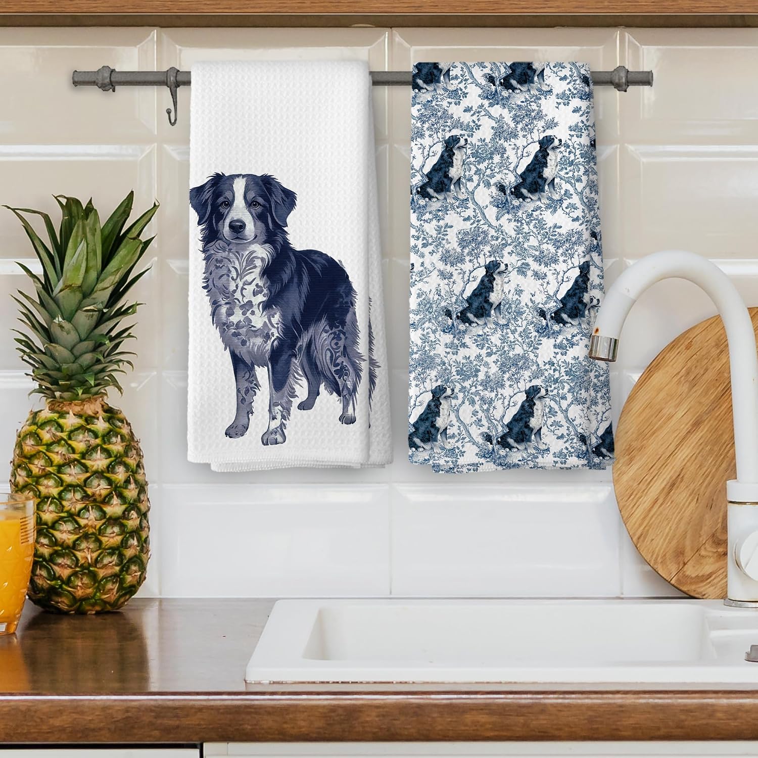 Chinoiserie Bernese Mountain Dog Kitchen Dish Towels, Bernese Mountain Dog Gifts for Women, Blue and White Floral Grandmillennial Dog Hand Towels Kitchen Tea Towel Decorations, 16x24inch Set of 2 image 4