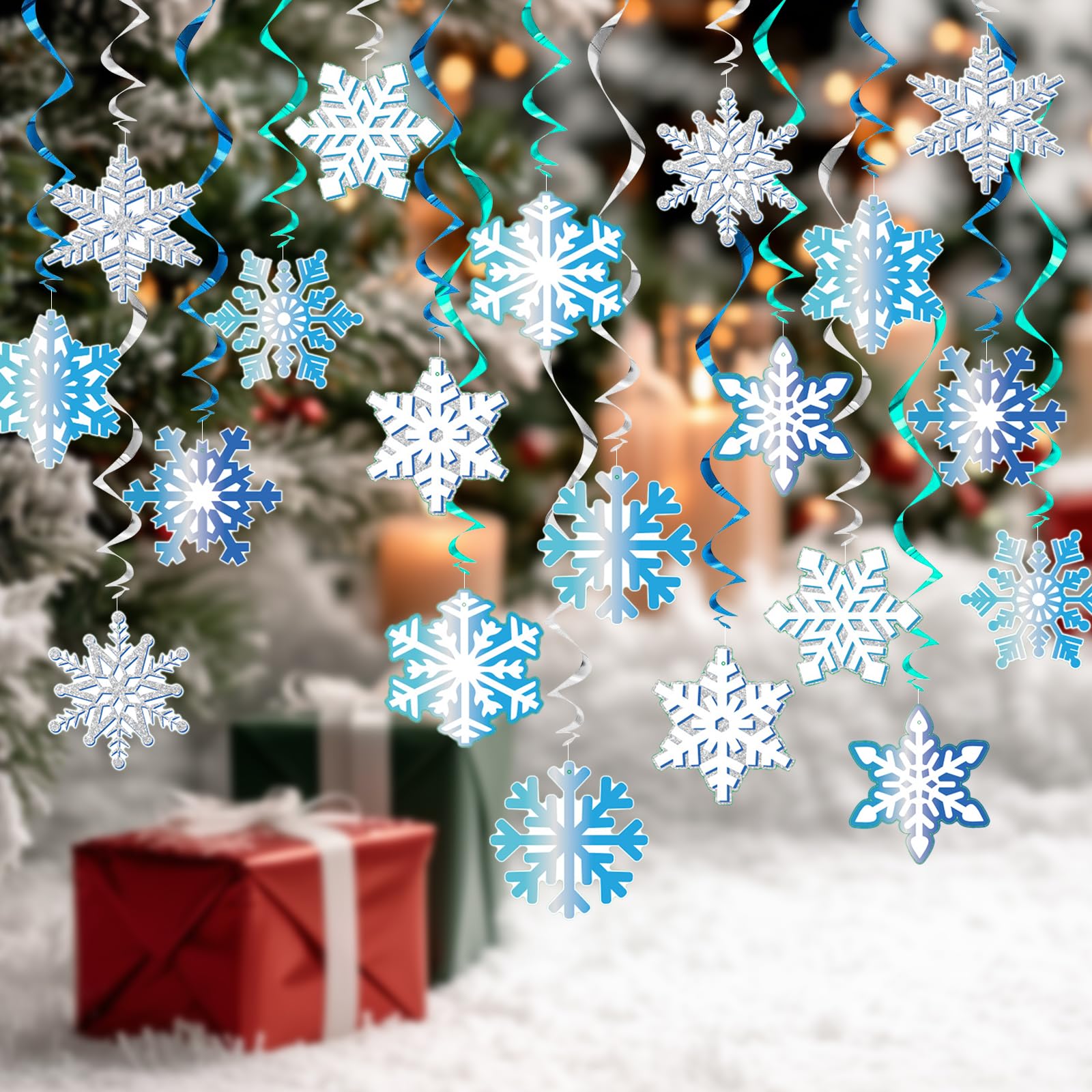 Christmas Snowflake Hanging Swirls Decorations, 20pcs Blue and Silver Hanging Snowflake Decoration Swirls Ceiling Streamers for Xmas New Year Party Decorations Supplies Christmas Decorations