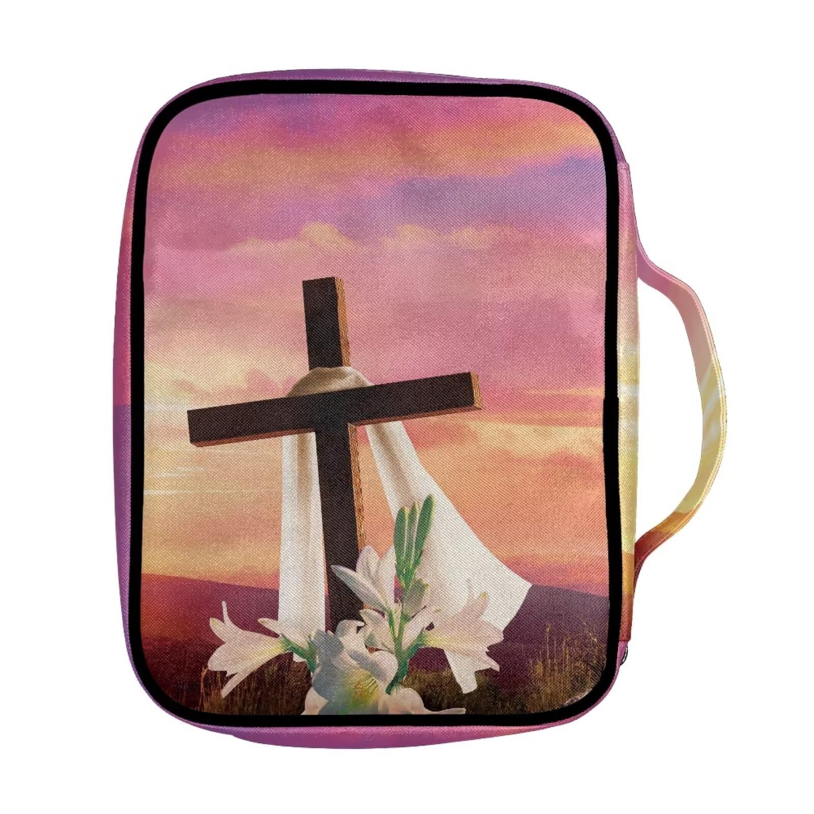 ZIATUBLES Cross Bible Covers with Handle for Women Men Large Bible Bag with Zipper Pockets Book Holder Bible Carrier Bag for Christian Bible Study Sunset Glow Lily Flower Cross Print - Image 2