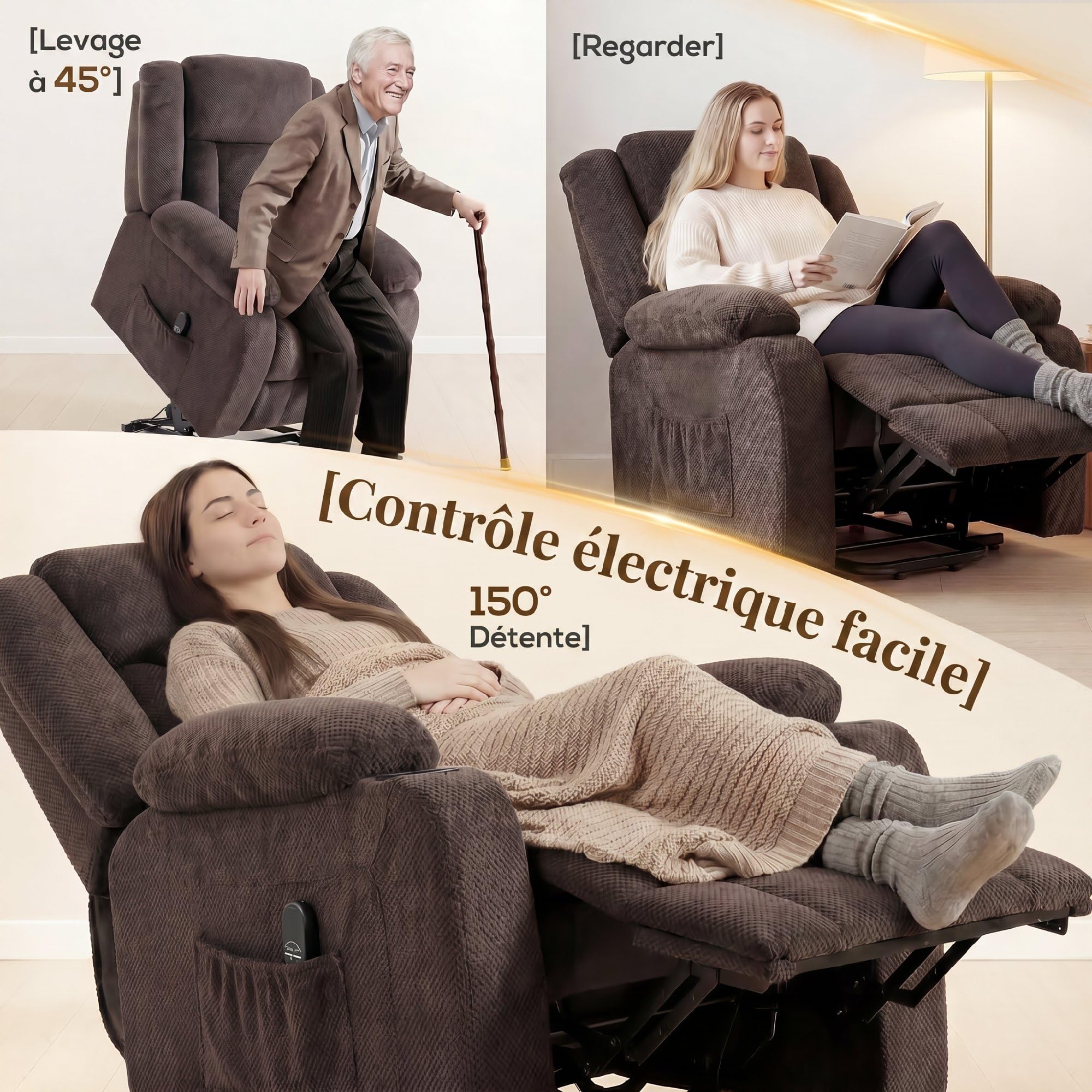 HOMCOM Fauteuil Releveur Électrique Dossier Inclinable Assise Large Marron
