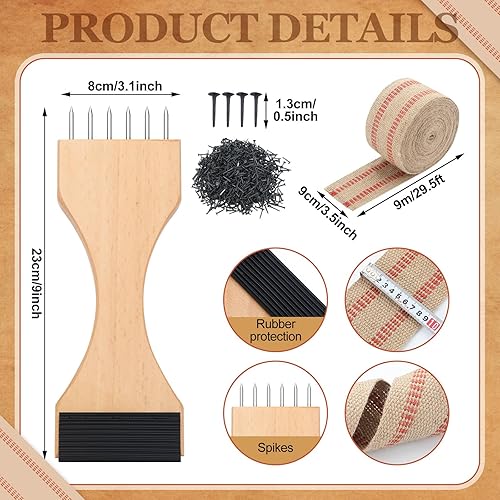 Miniatura 2 de Juego de herramientas de tapicería, cinta de yute de arpillera de 3.5 pulgadas, 10 yardas, mango de madera, 115 tachuelas negras de tapicería de 12