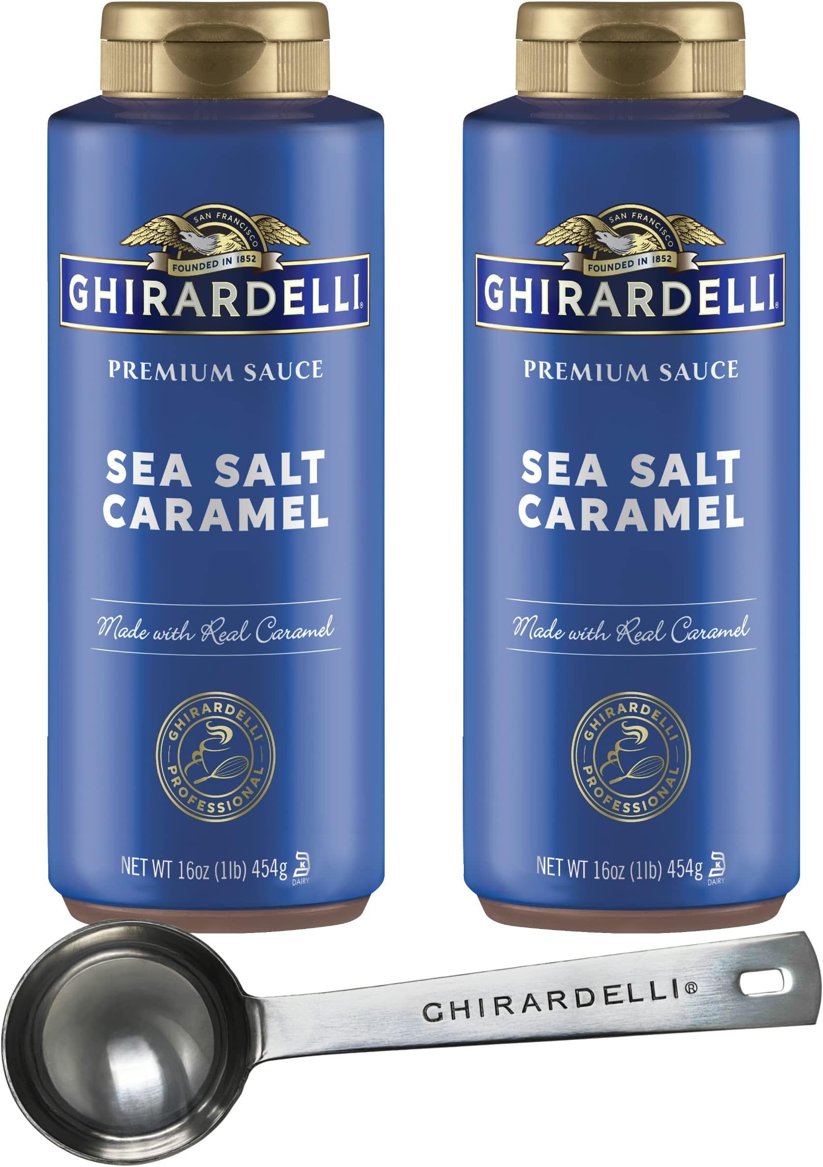 Sea Salt Caramel Premium Sauce 16 oz Squeeze Bottle (Pack of 2) with Ghirardelli Stamped Barista Spoon