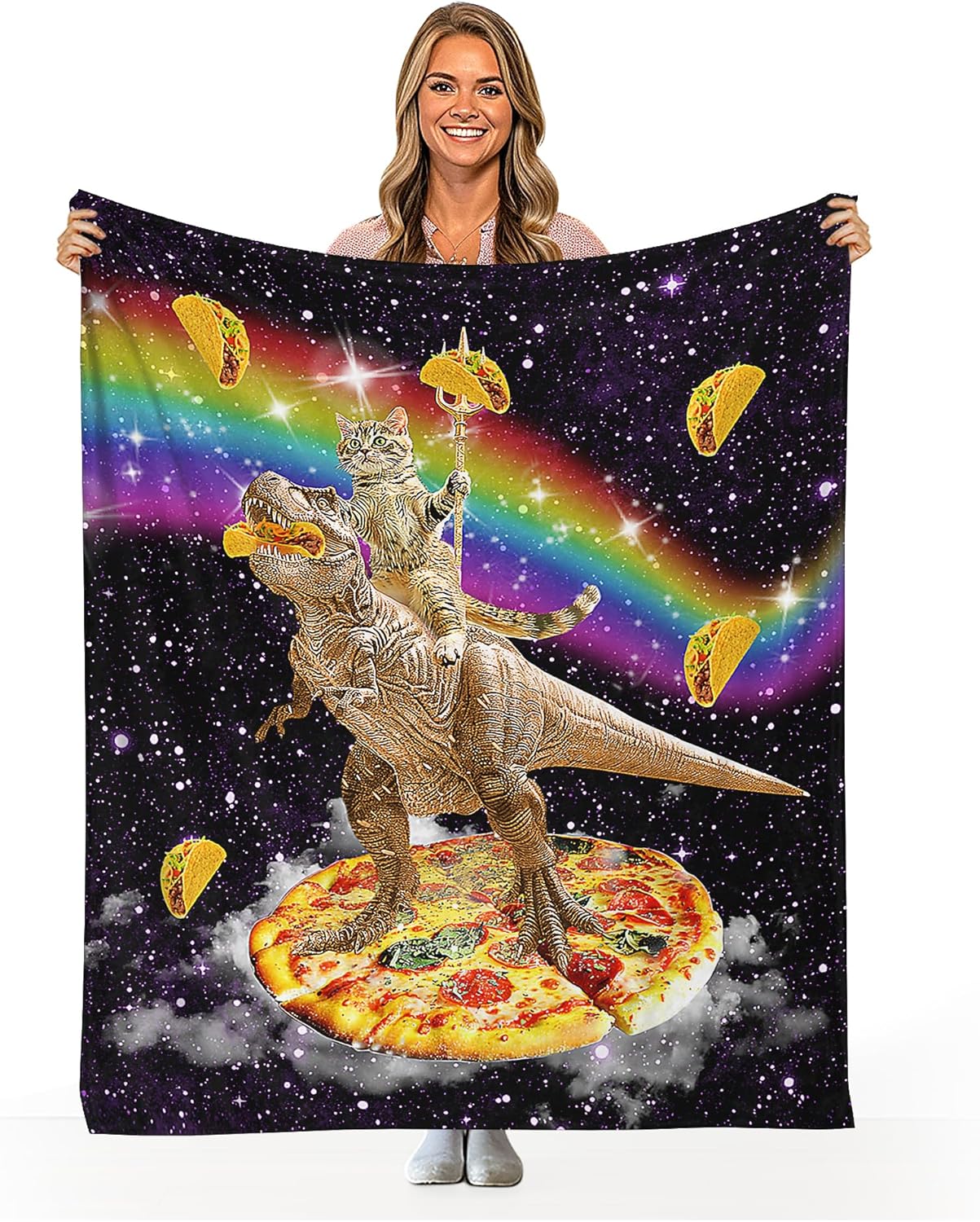 Funny Cat Dinosaur Pizza Print Throw Blanket, Galaxy Space Rainbow Taco Food Throws Blanket Super Soft Cozy and Plush Warm Flannel Bedding Blanket Gift for Couch Sofa Travel 60x50 Inch